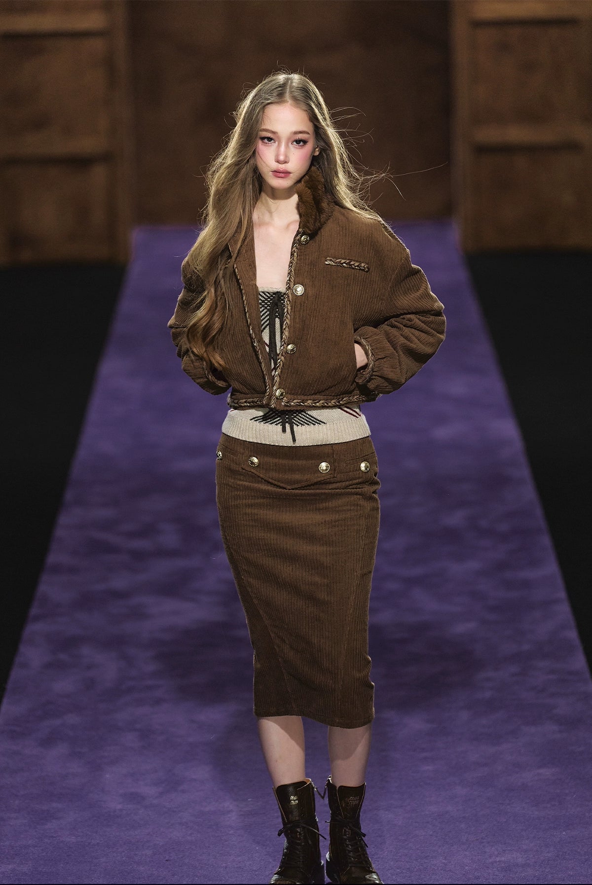 Corduroy Fur-Collar Jacket & Skirt Set