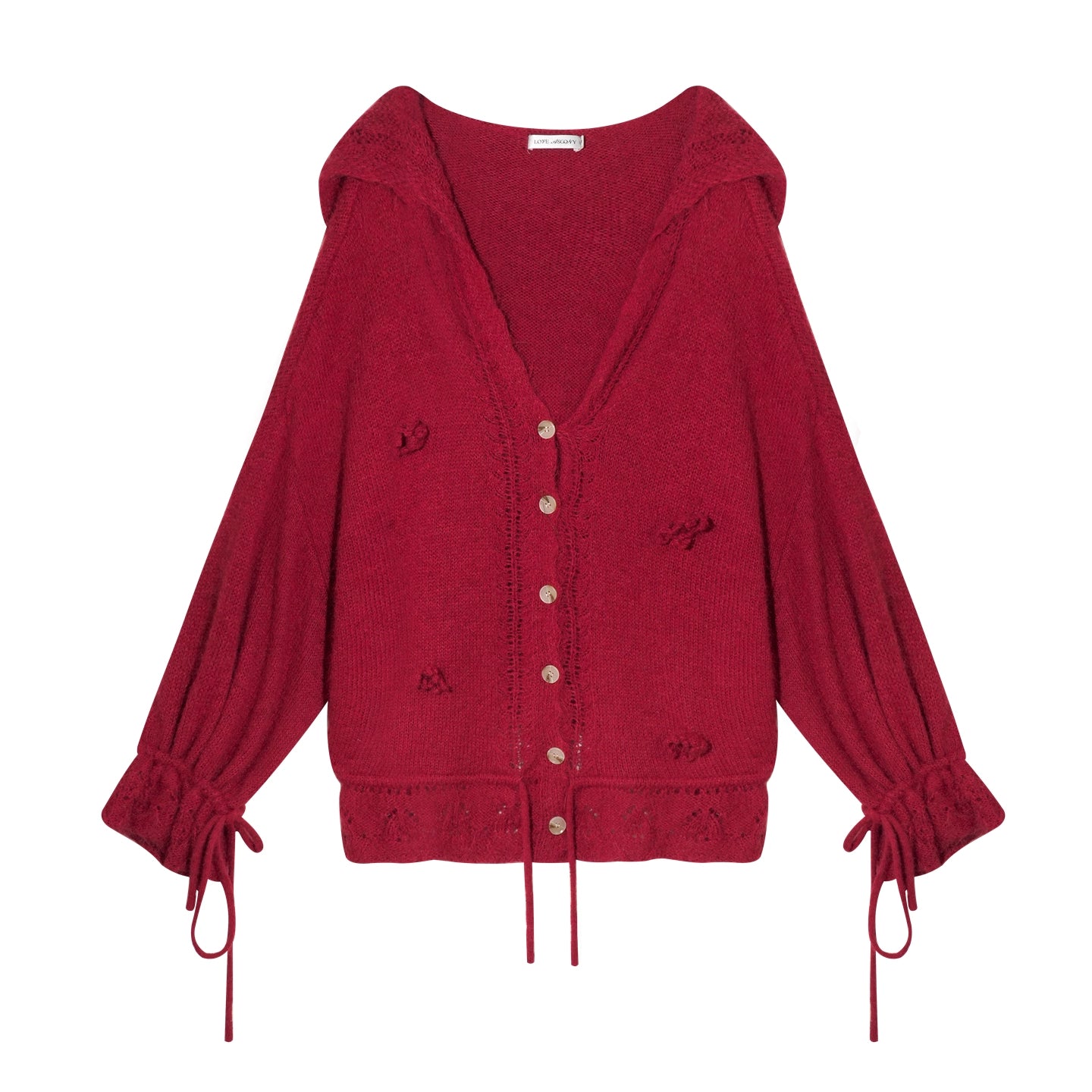 Wool-Blend Drawstring Floral V-Neck Knitted Cardigan - CHINASQUAD