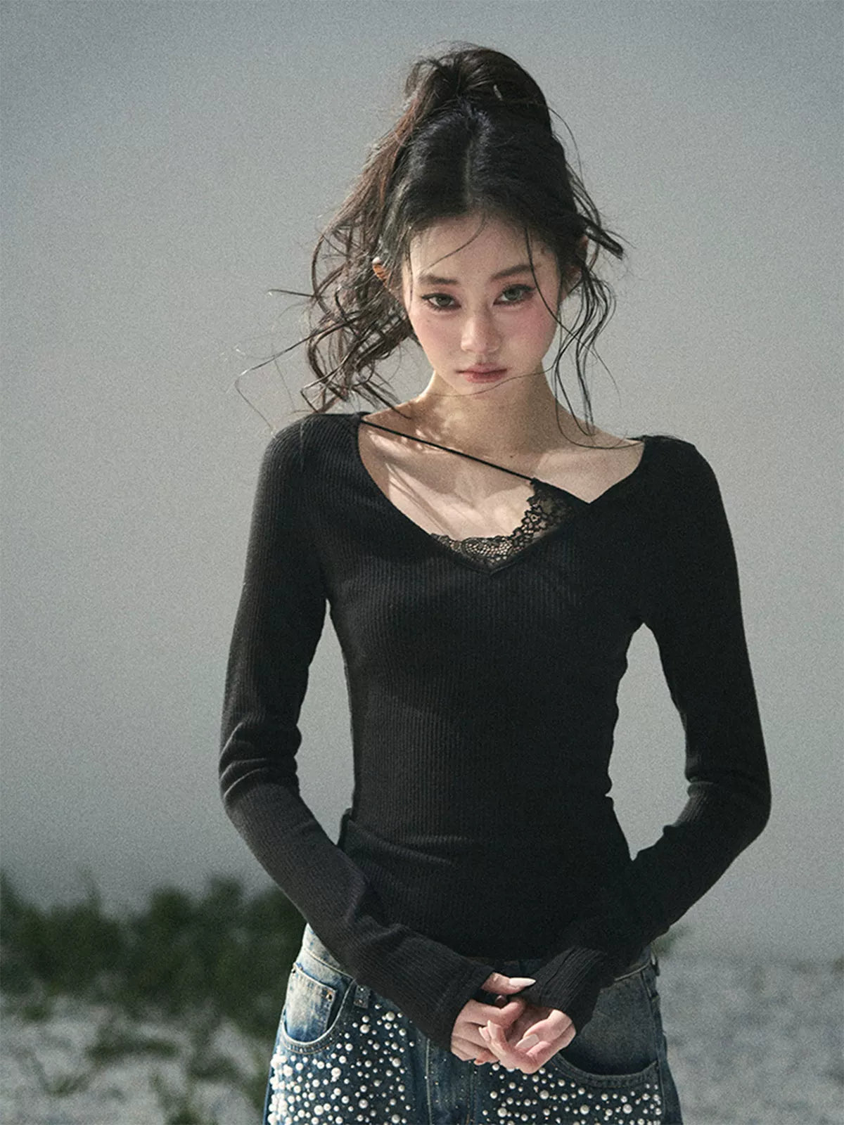 Deep V Lace Knit Top