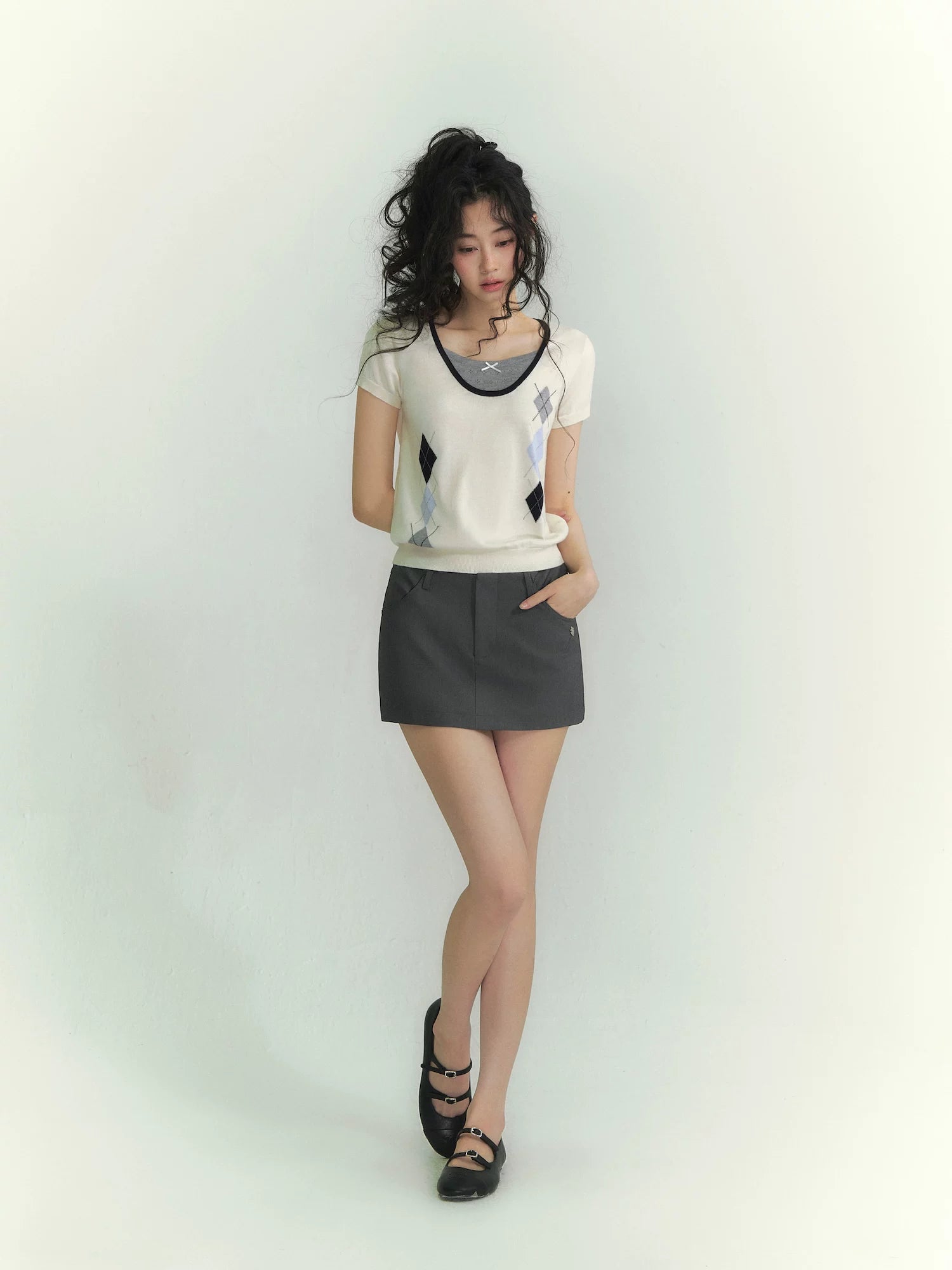 Argyle Color-Block Layered Short Sleeve Top