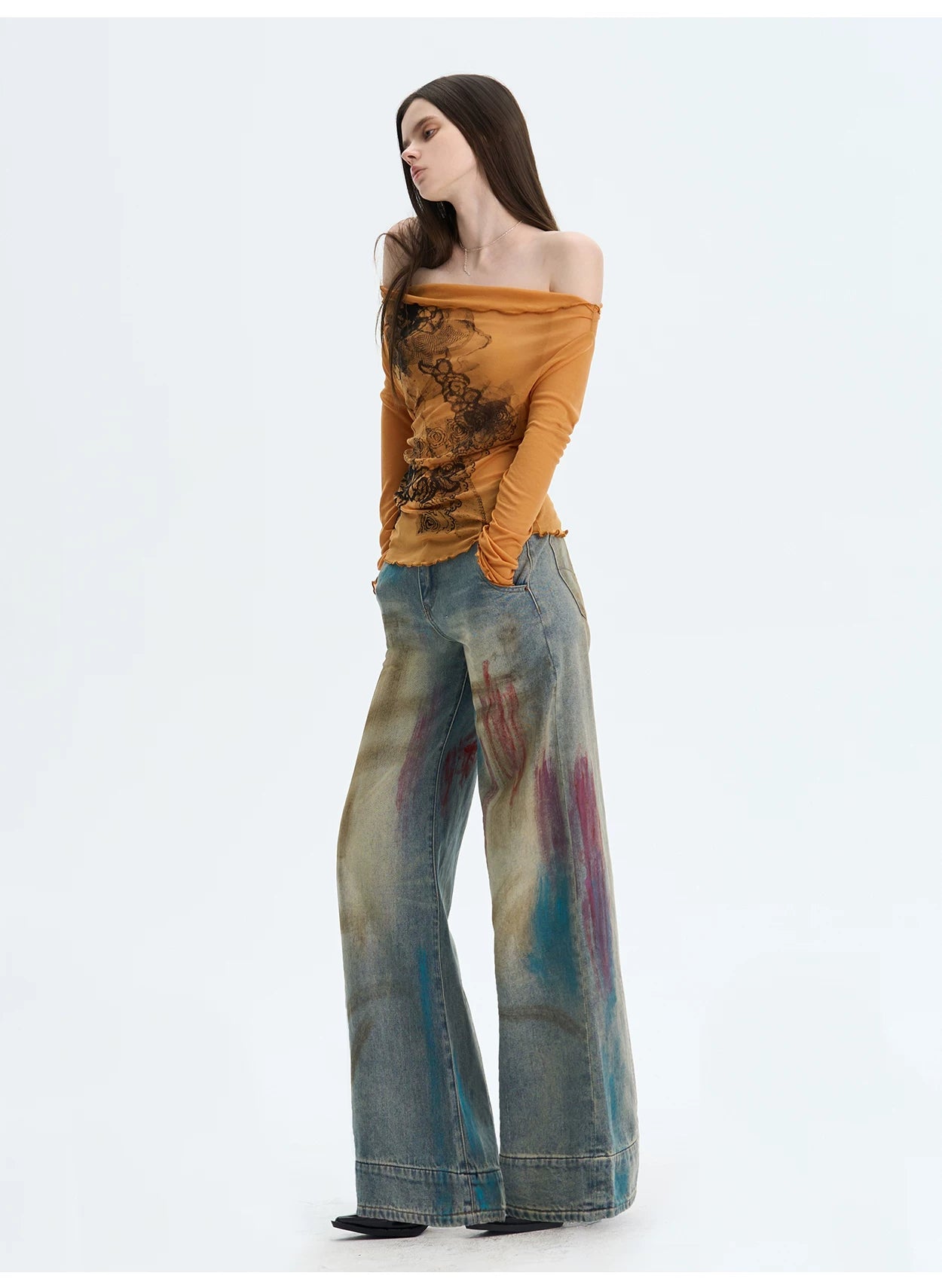 Lyocell Off-Shoulder Knit Crewneck