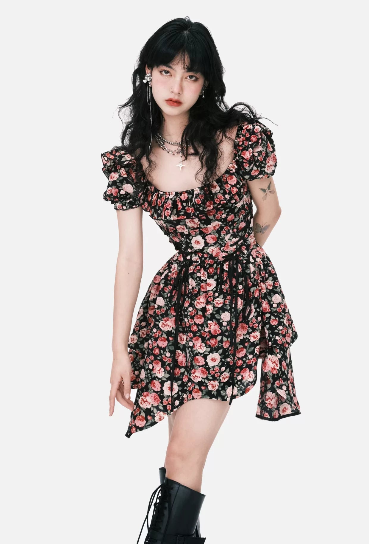 Lace-Up Asymmetric Waist-Defined Dress