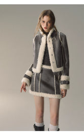 Grey Short Plush Shearling Jacket & Skirt Set - CHINASQUAD