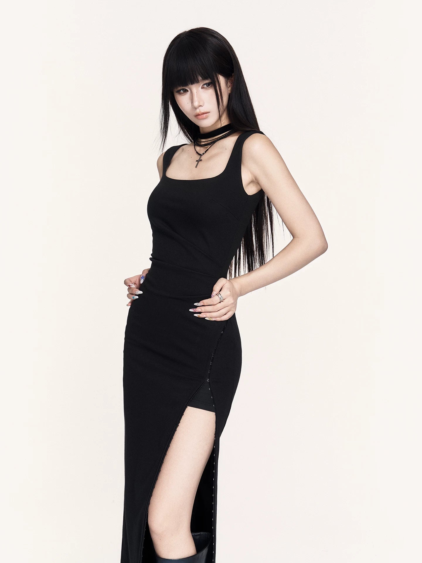 Waist-Cinching Little Black Maxi Dress