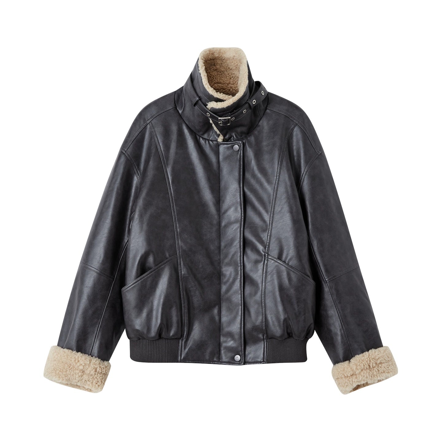 Lamb Wool Collar Faux Leather Biker Jacket - CHINASQUAD