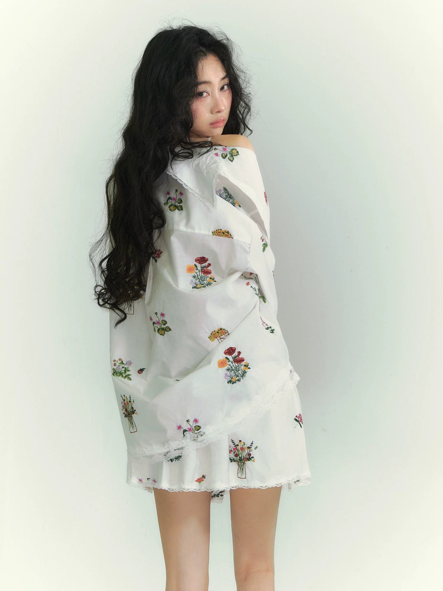 Floral Embroidered Lace Panel Shirt & Mini Skirt Set