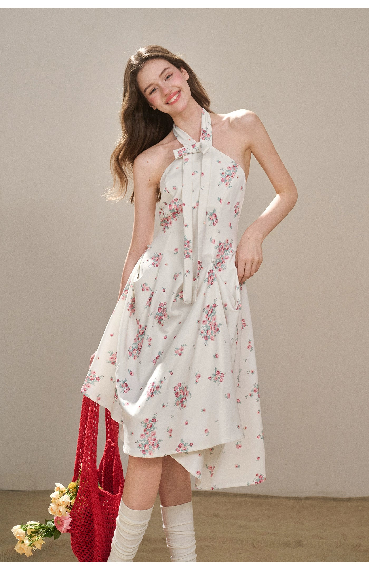 Rose Pleats Halter Midi Dress