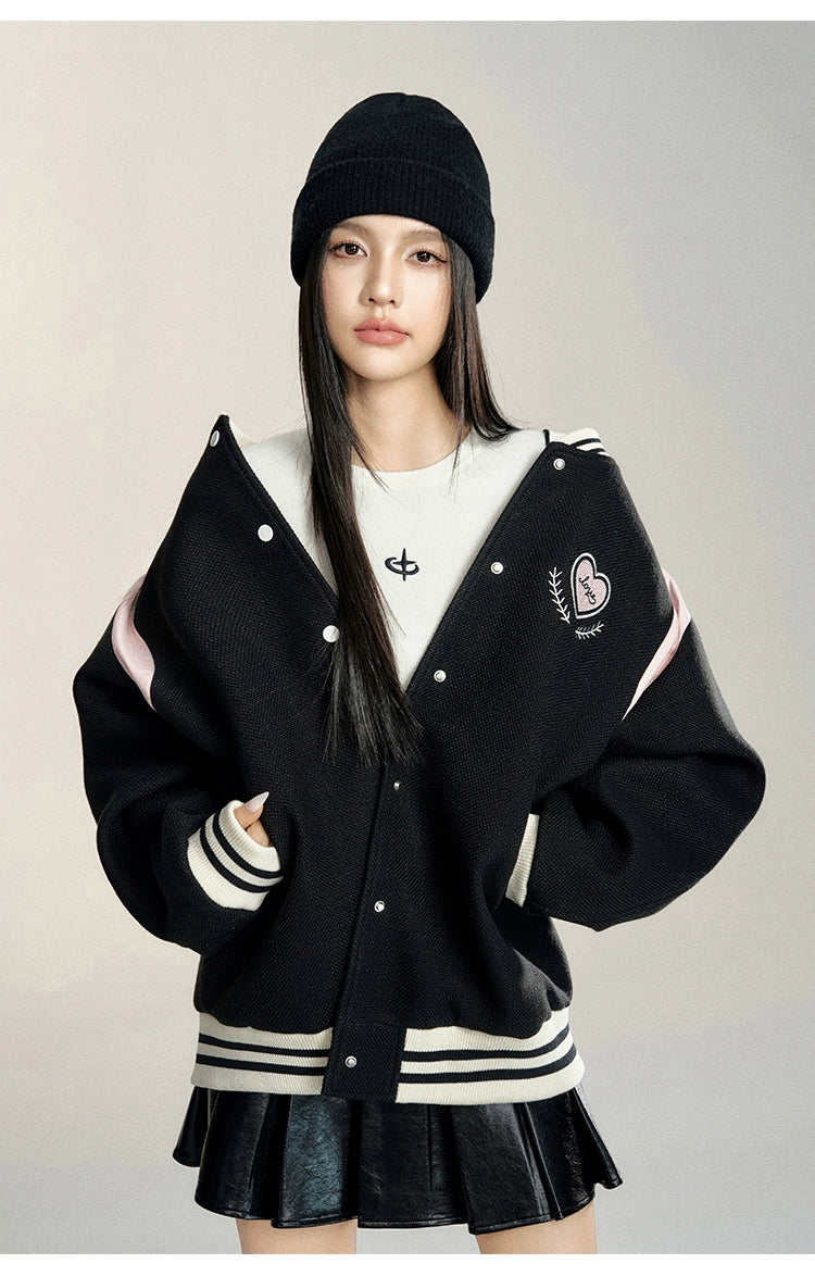 White & Black Heart Embroidered Baseball Jacket