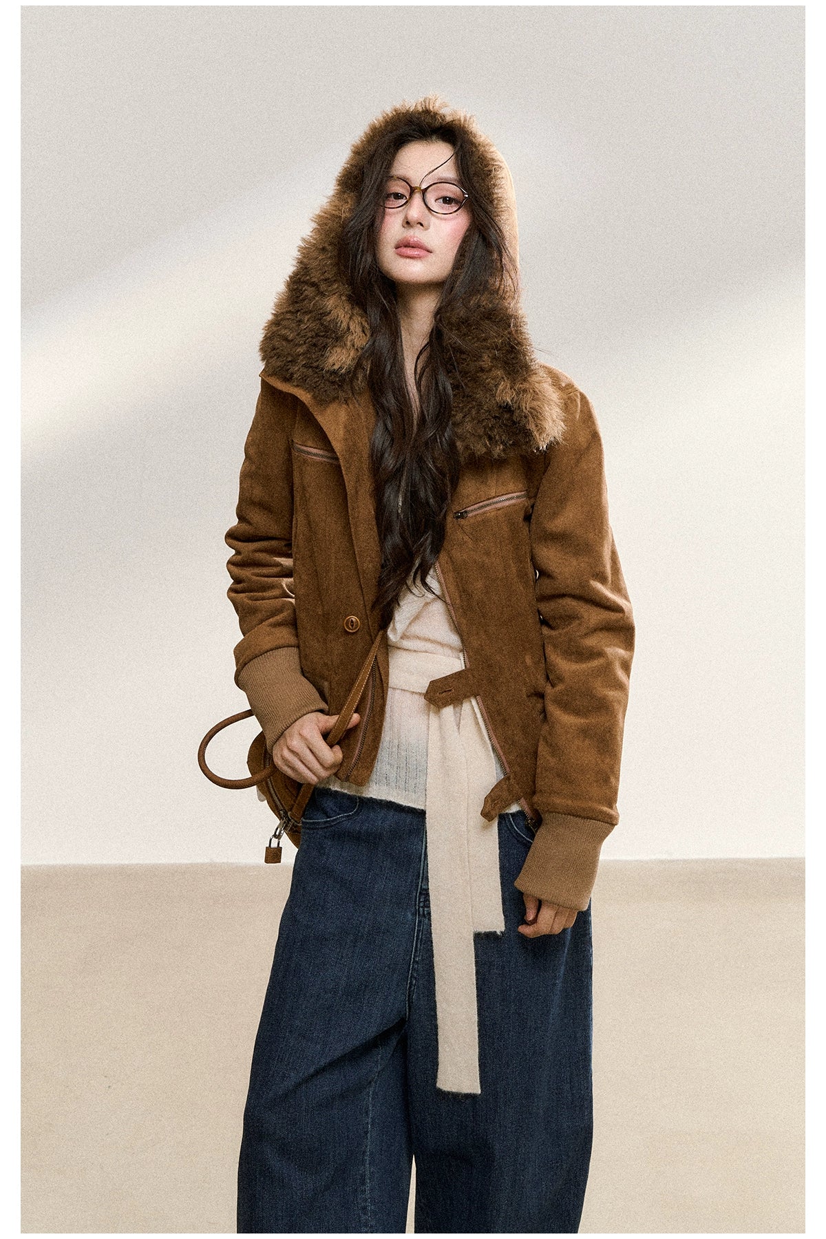 Mahogany Faux Fur Collar Suede Cropped Jacket - CHINASQUAD