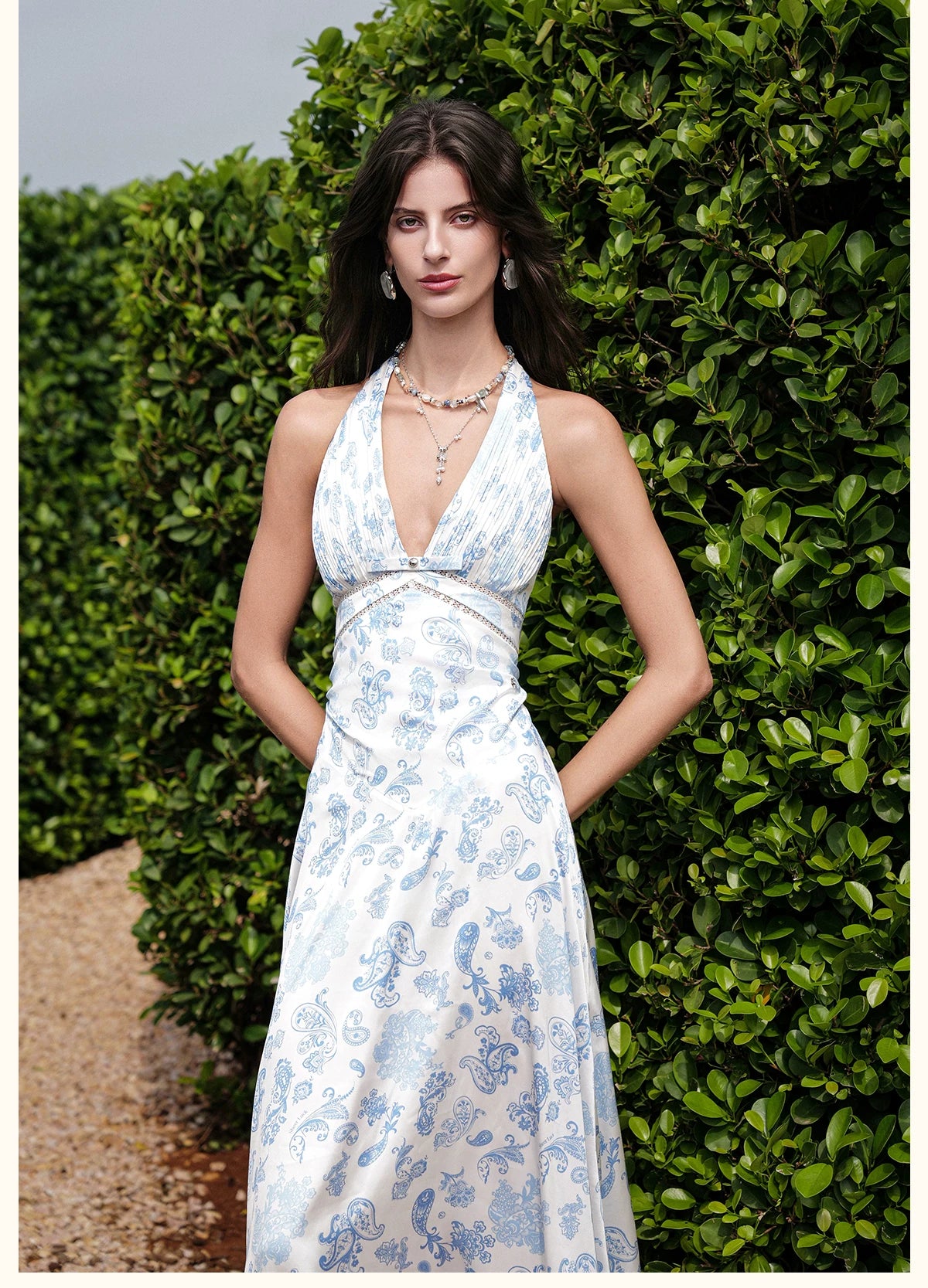 Halter V-Neck Cut-Out Printed Maxi Dress