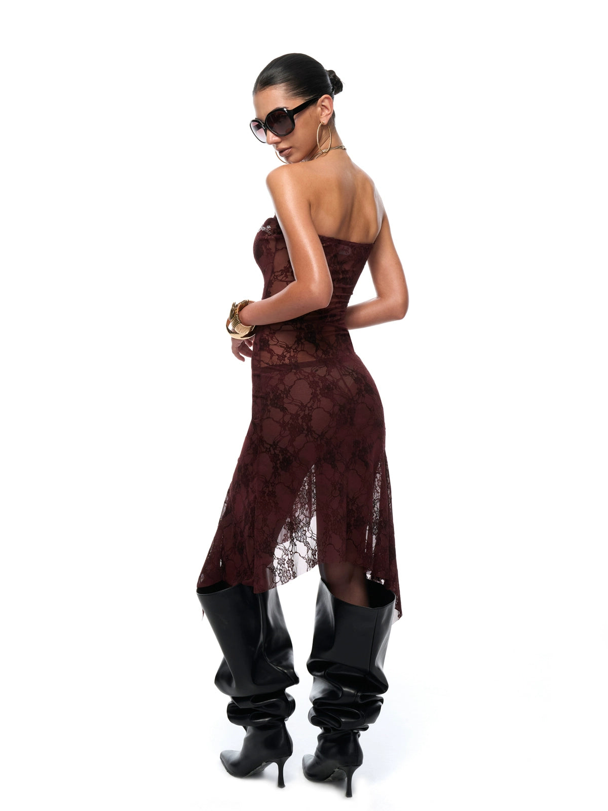 Red Semi-Sheer Floral Velvet Dress