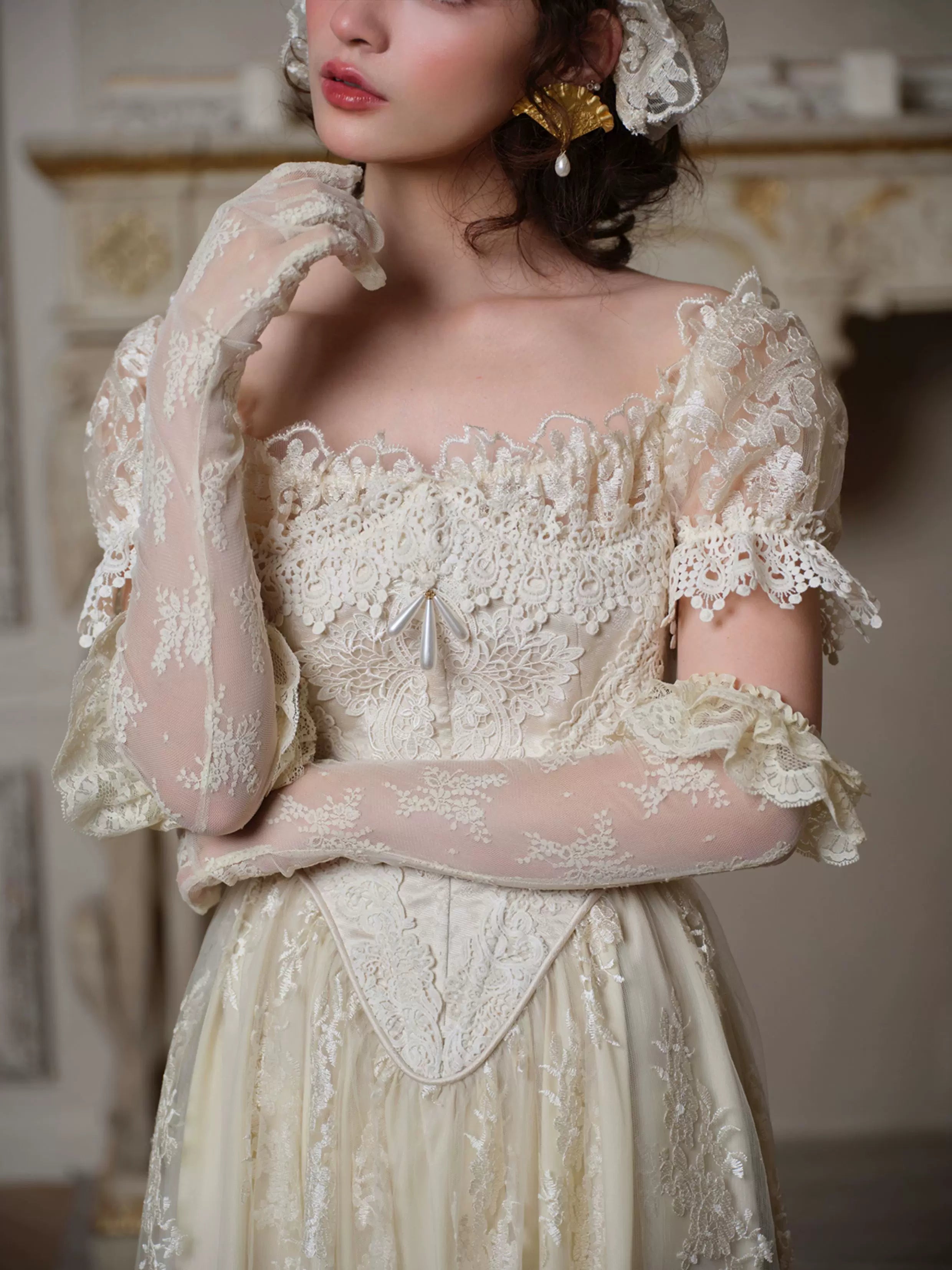 Candlelit Tears Antique Lace Corset Wedding Dress