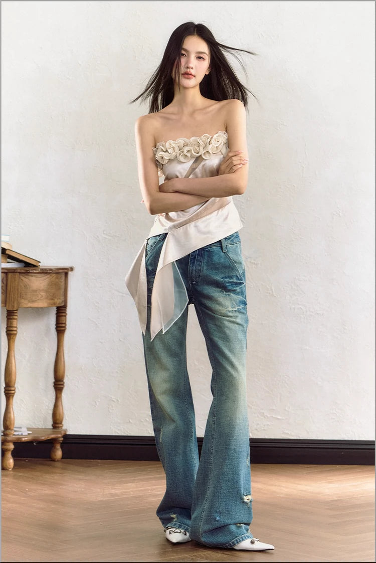 Pink & White Rose Floral Mesh Strapless Camisole - CHINASQUAD