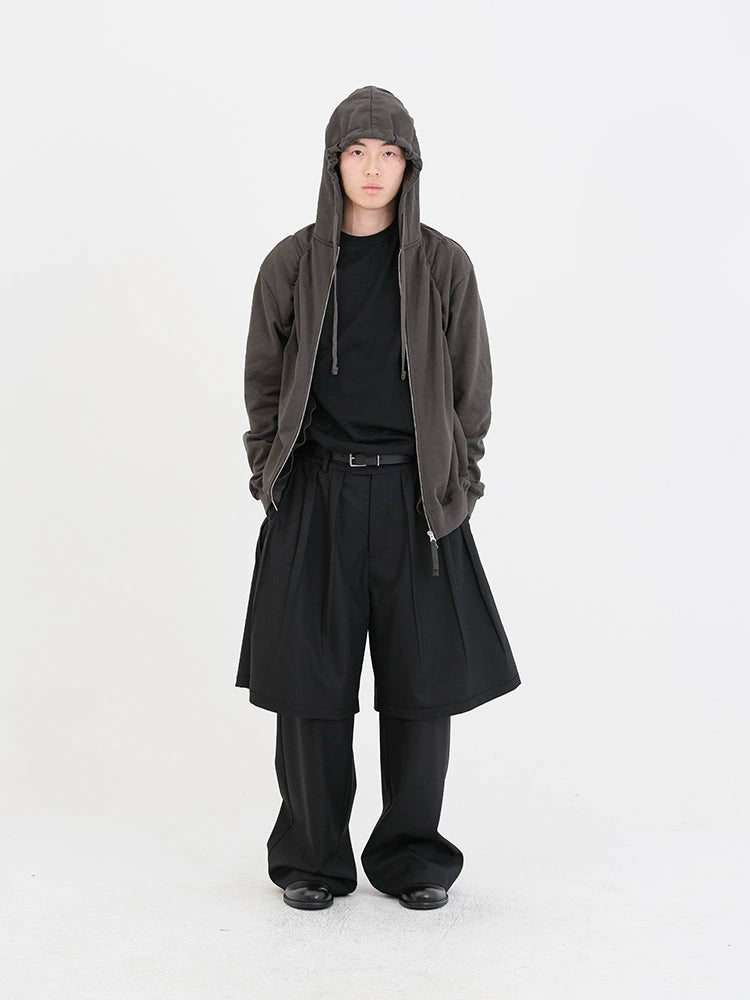 Deep brown & Gray Pleated Hooded Sweatshirt - CHINASQUAD