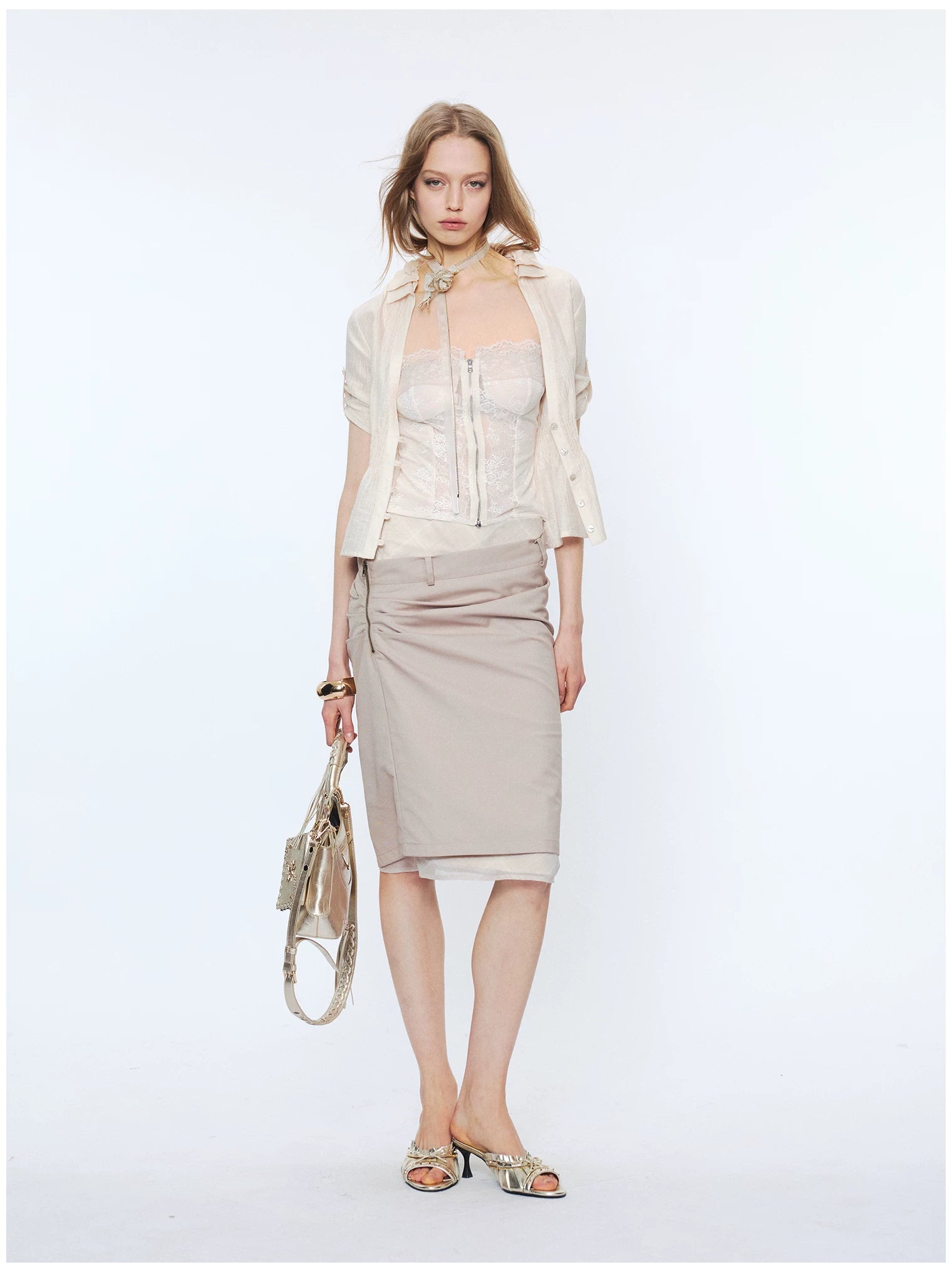 Contrast Lace Panel Two-Piece Shirt