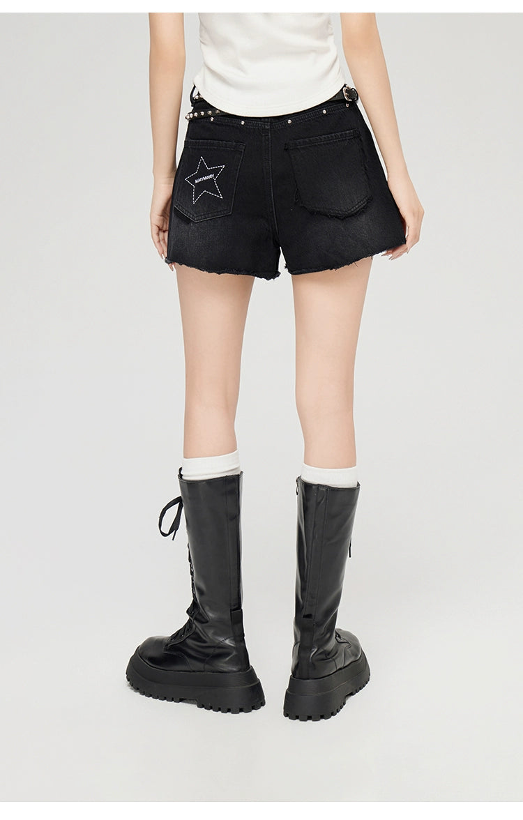 Black & Blue Frayed Denim Shorts - CHINASQUAD