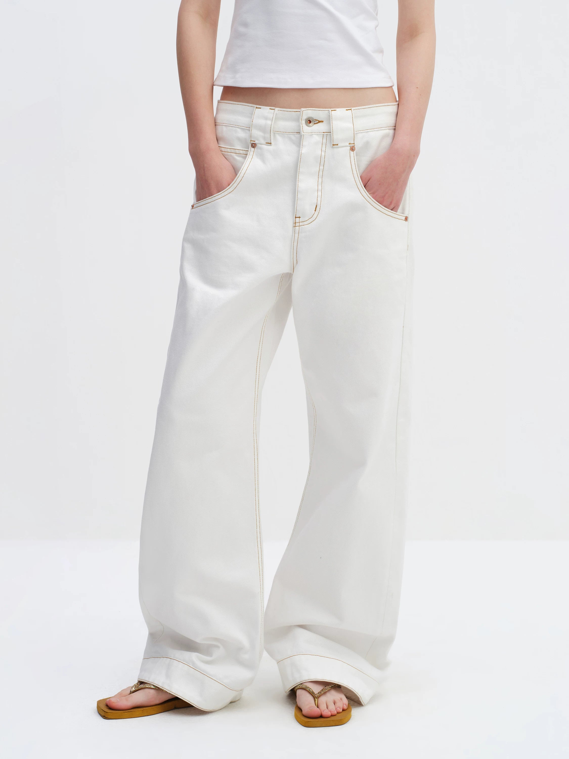 White Relaxed Fit 3D Cut Wide-Leg Denim Jeans
