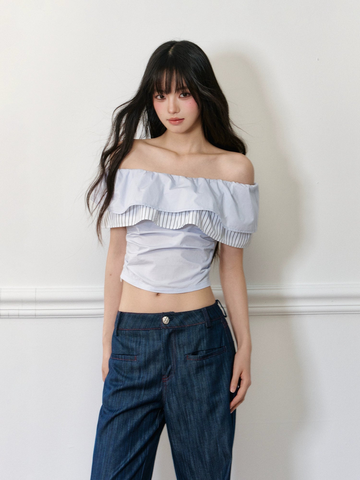 Color-block Stripe Wave Off-shoulder T-shirt - CHINASQUAD