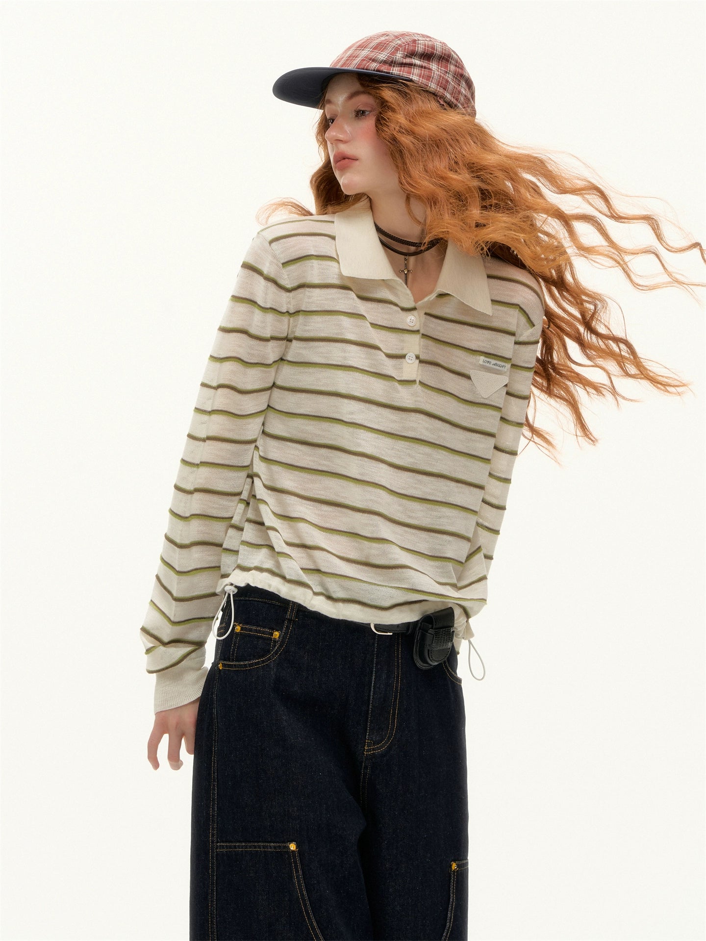 Striped Polo Drawstring T-shirt