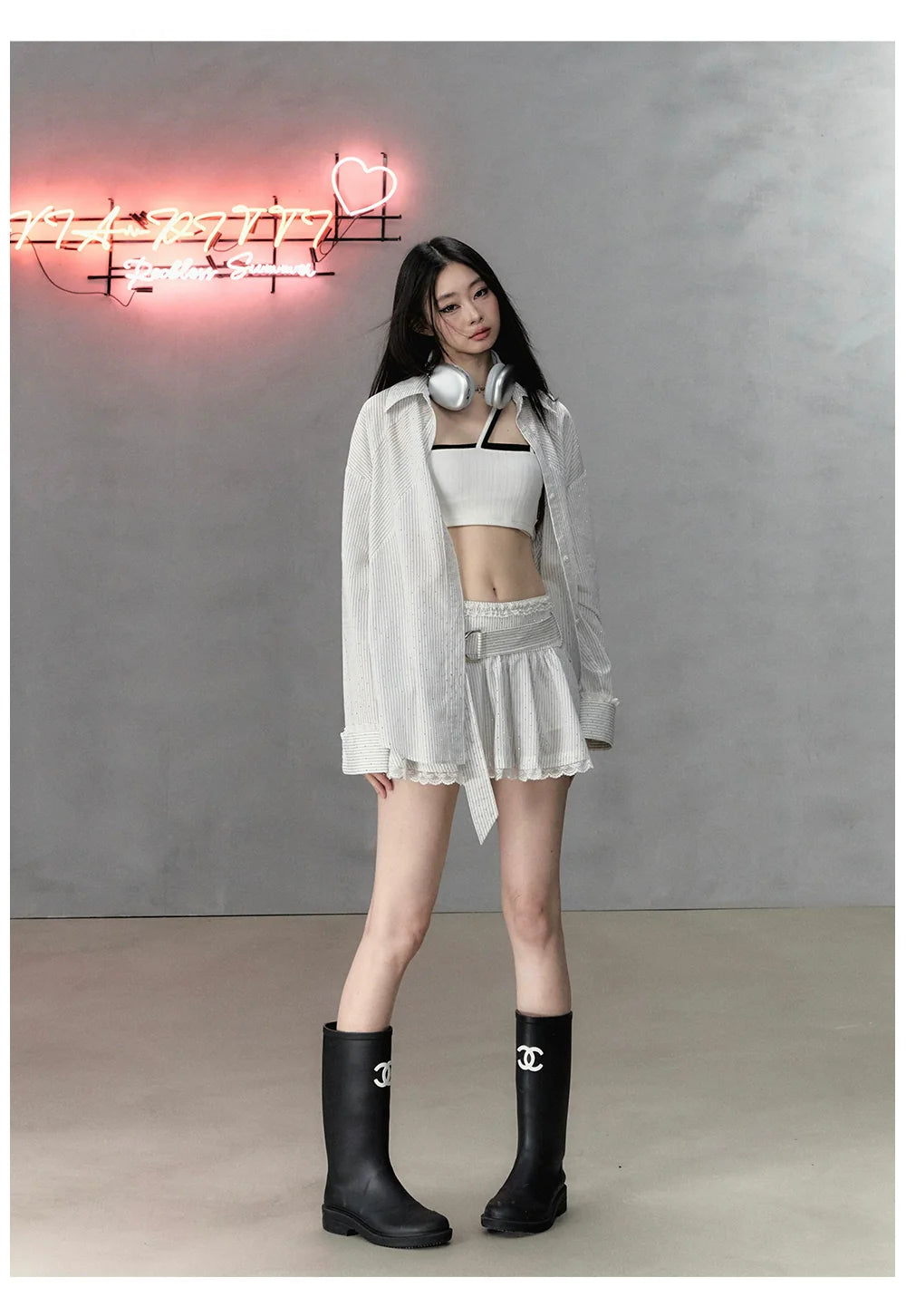 Shiny Rhinestone Striped Lace Patchwork Shirt & Skirt - CHINASQUAD