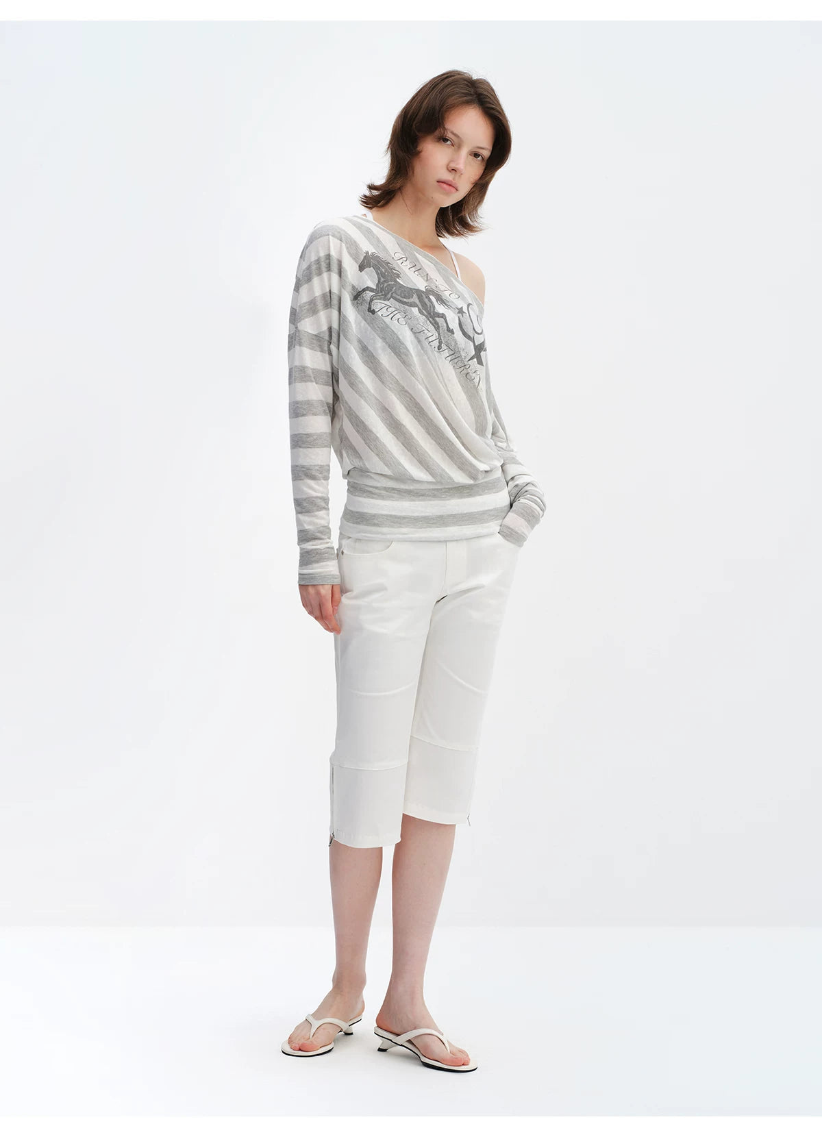 Grey Striped Off-Shoulder Graphic Long Sleeve Blouse