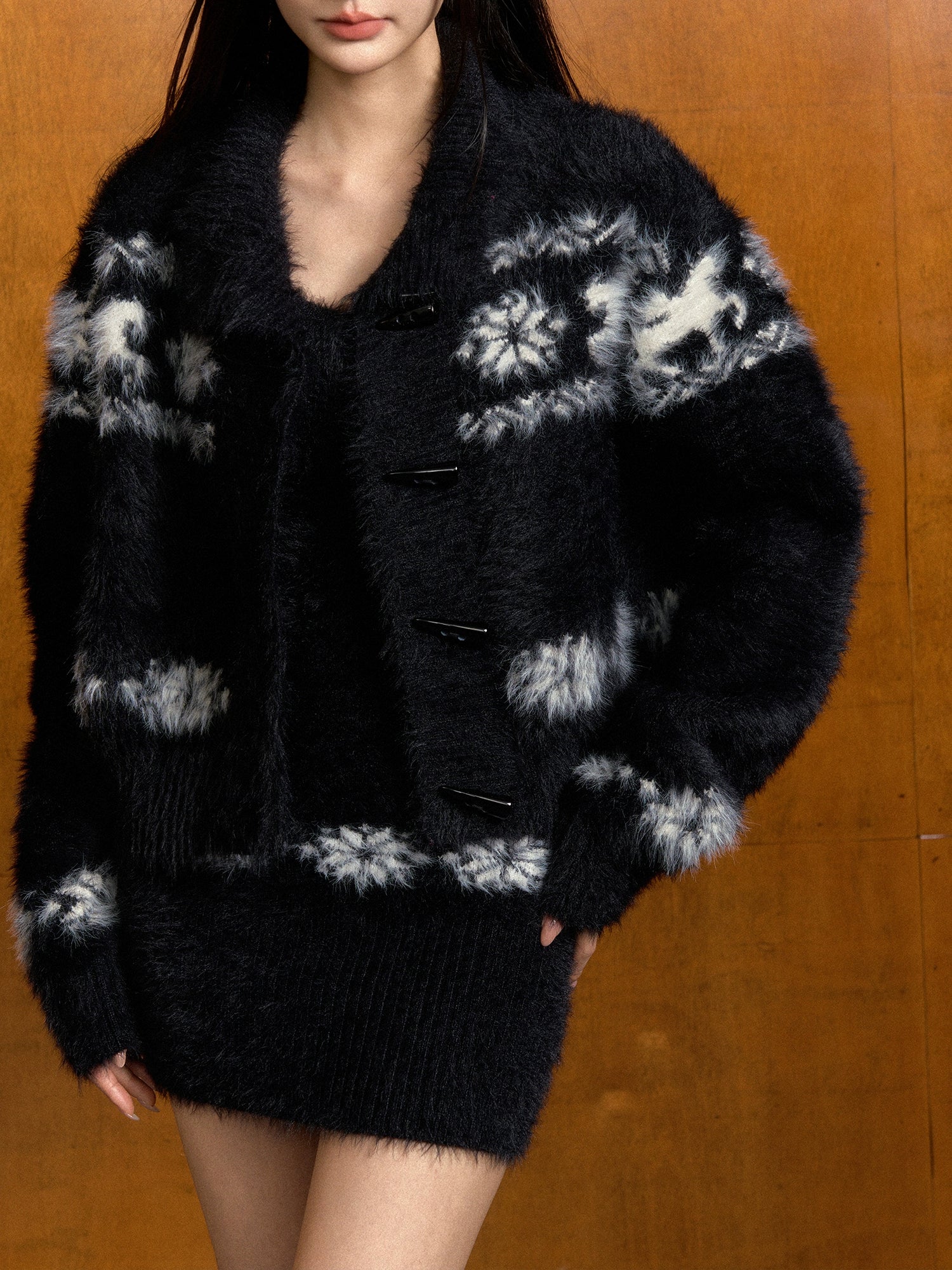 Fair Isle Faux Collar Knitted Cardigan & Dress Set - CHINASQUAD