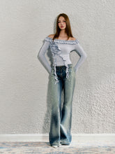 Washed Blue Reflective Foil Micro-flare Denim Trousers - CHINASQUAD