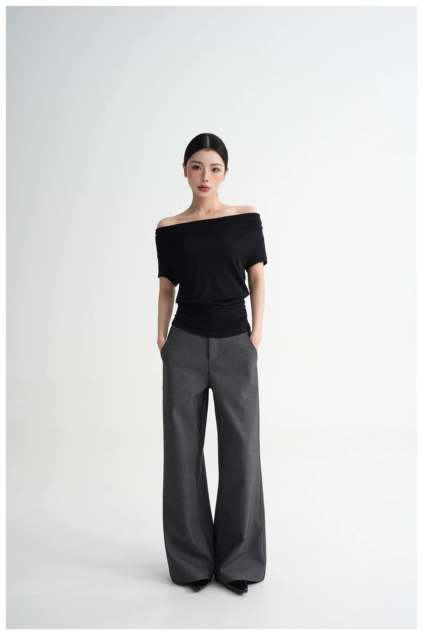 Draped Off-Shoulder Fitted Short Sleeve T-Shirt