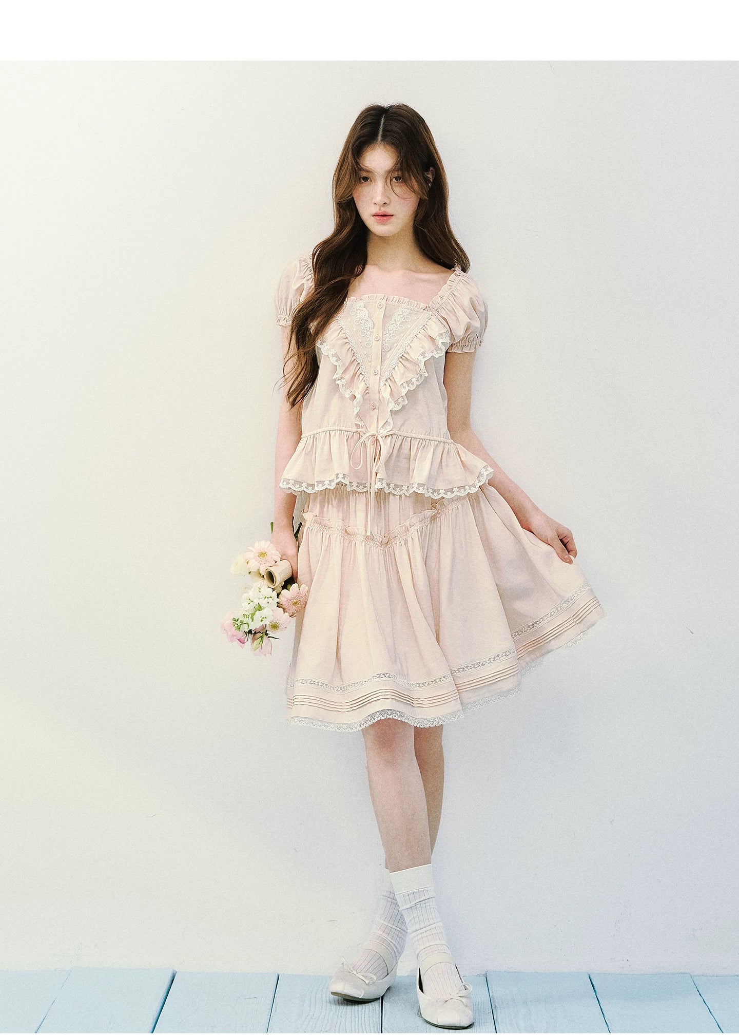 Romantic Ruffle Lace Blouse & Skirt Set