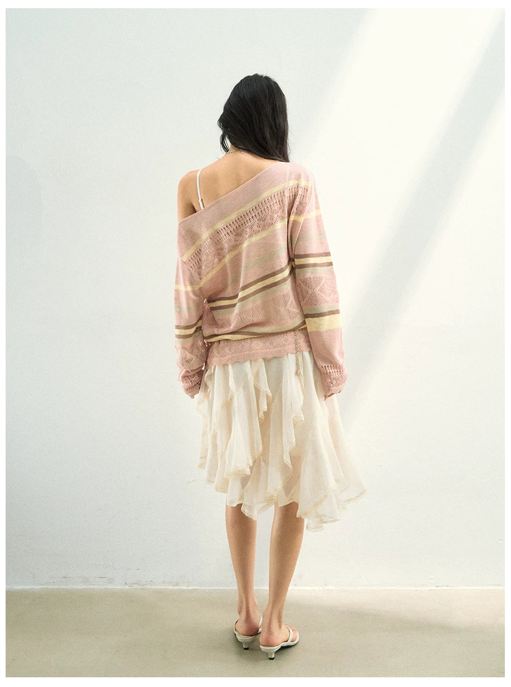 Color-Block Open Knit Stripe Blouse