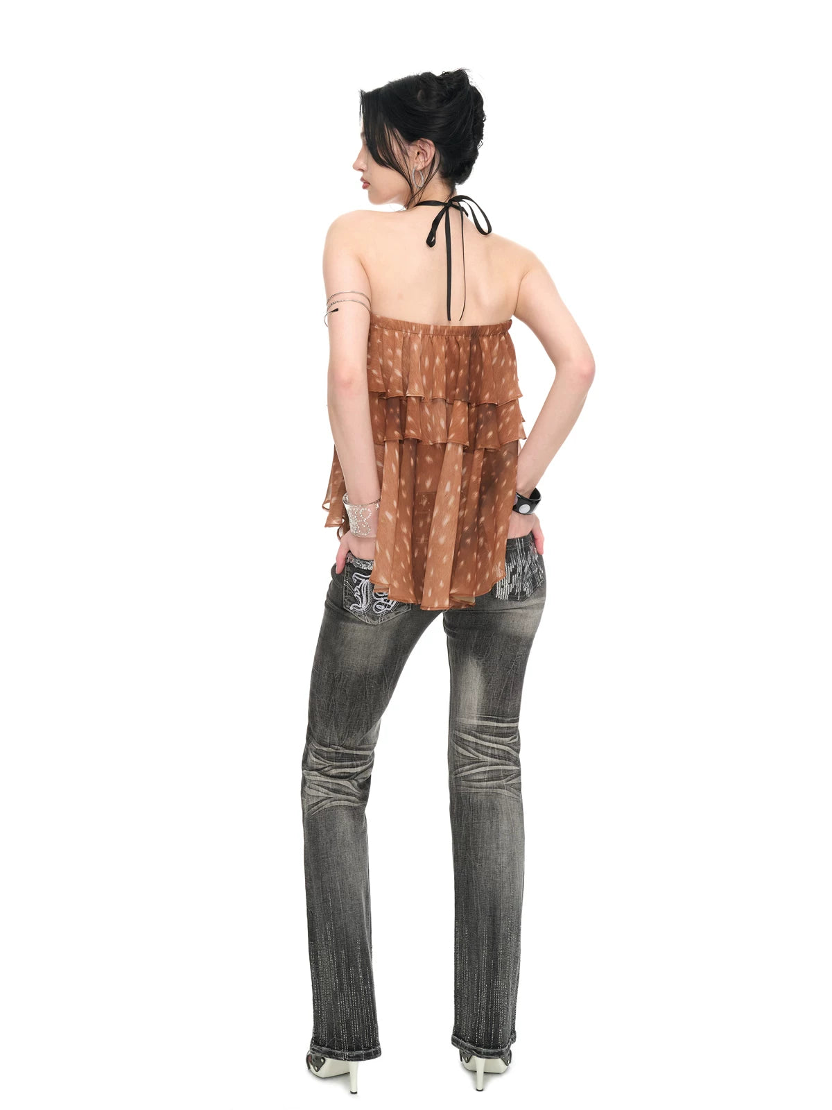 Fawn Print Asymmetric Chiffon Halter Backless Layered Blouse