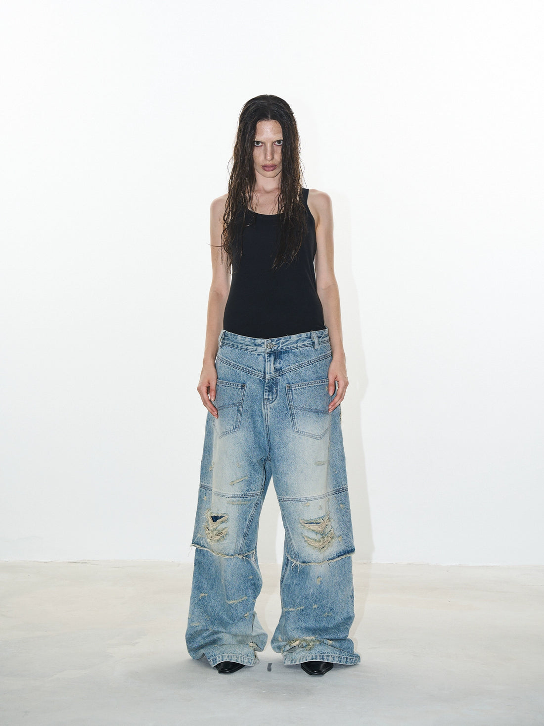 (Final Sale) Double-Layer Distressed Washed Denim Pants - CHINASQUAD
