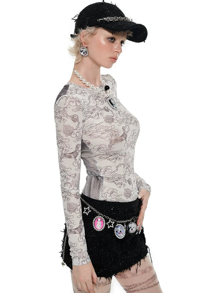 Black & White Full-Print Mesh Top - CHINASQUAD