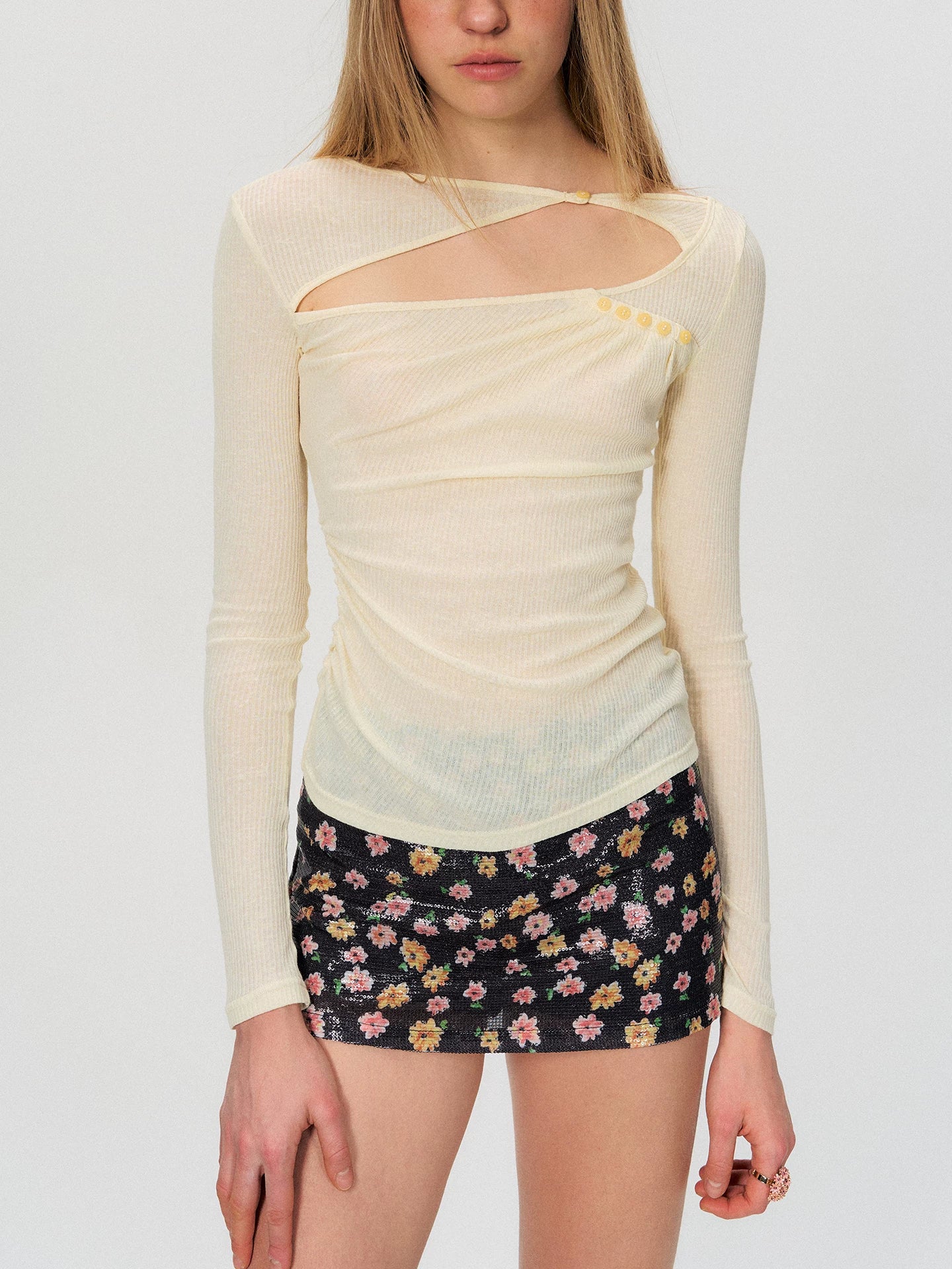 Sheer Textured Cut-Out Long Sleeve Top
