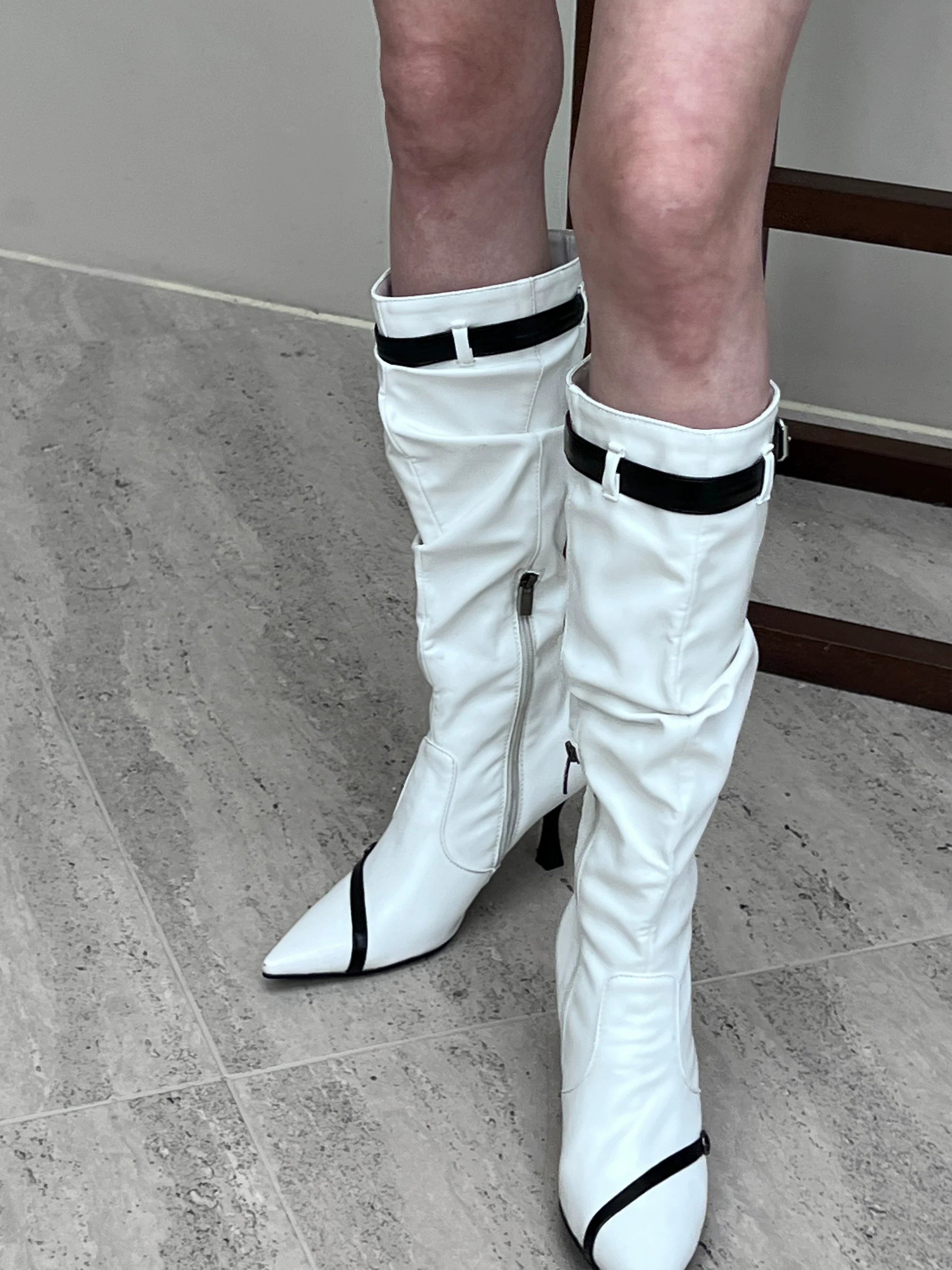 Contrast Pointed-Toe Stiletto Knee-High Boots