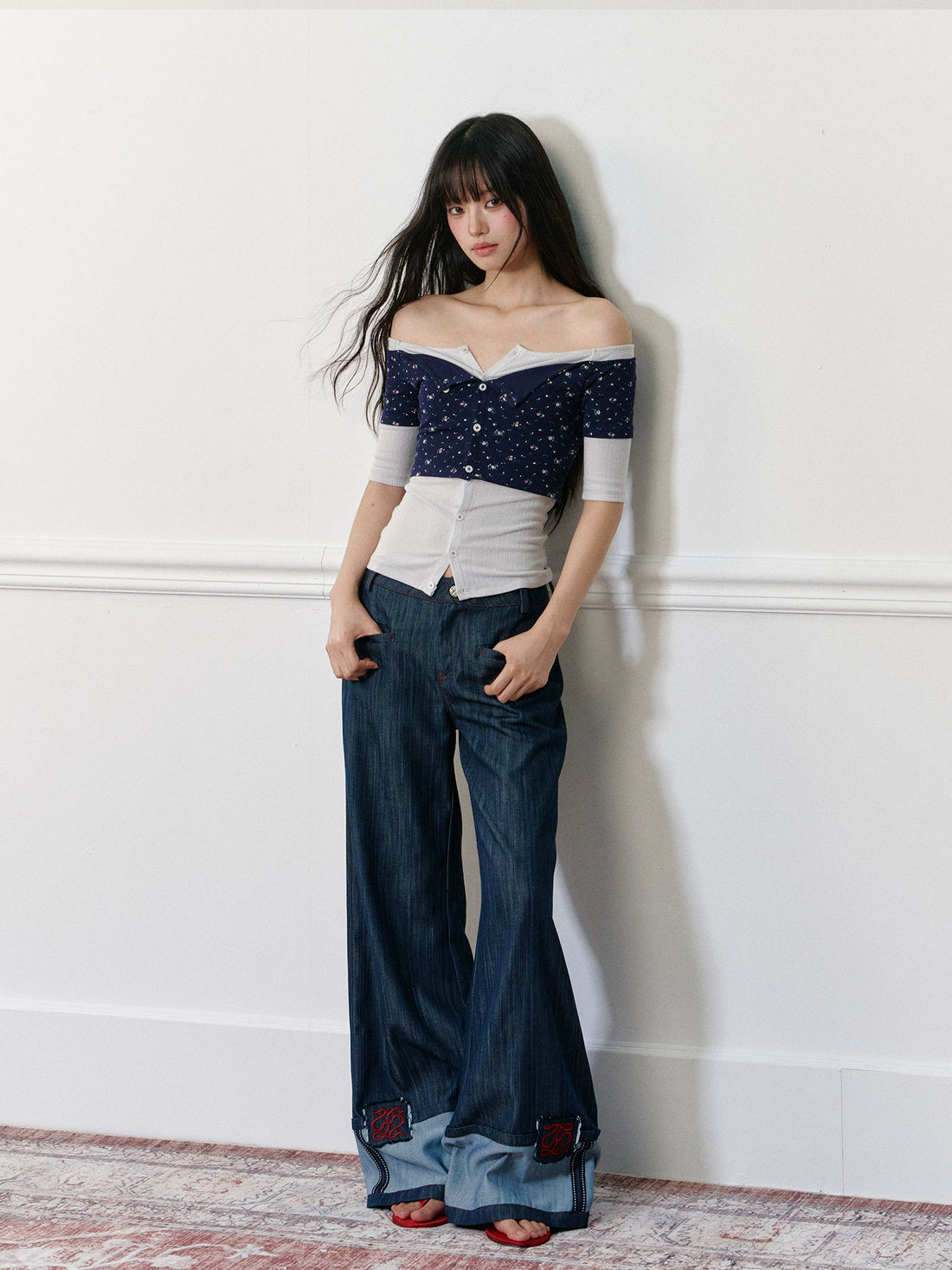 Applique Embroidered Cuffed Color - Block Jeans - CHINASQUAD