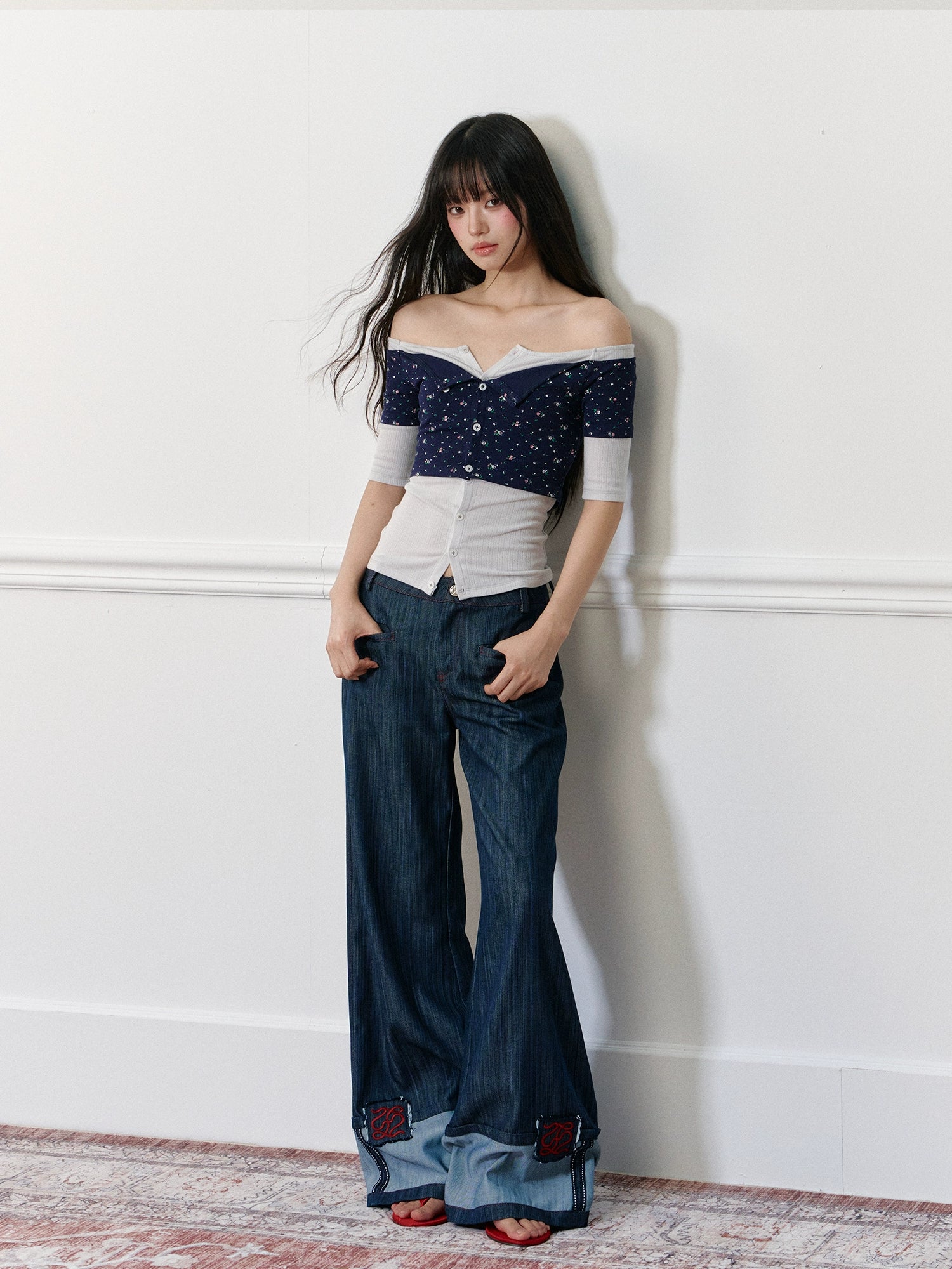 Applique Embroidered Cuffed Color - Block Jeans - CHINASQUAD