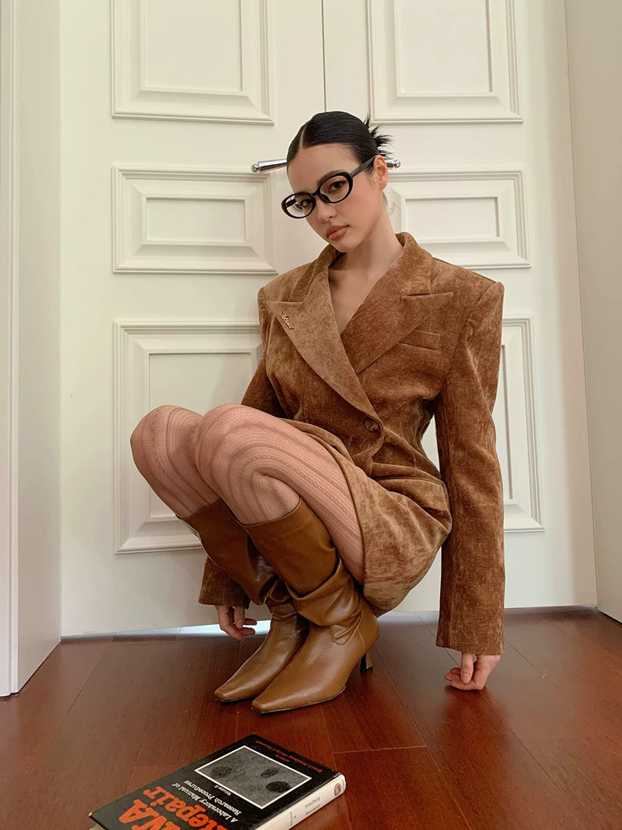 Waist-Cinched Power-Shoulder Blazer