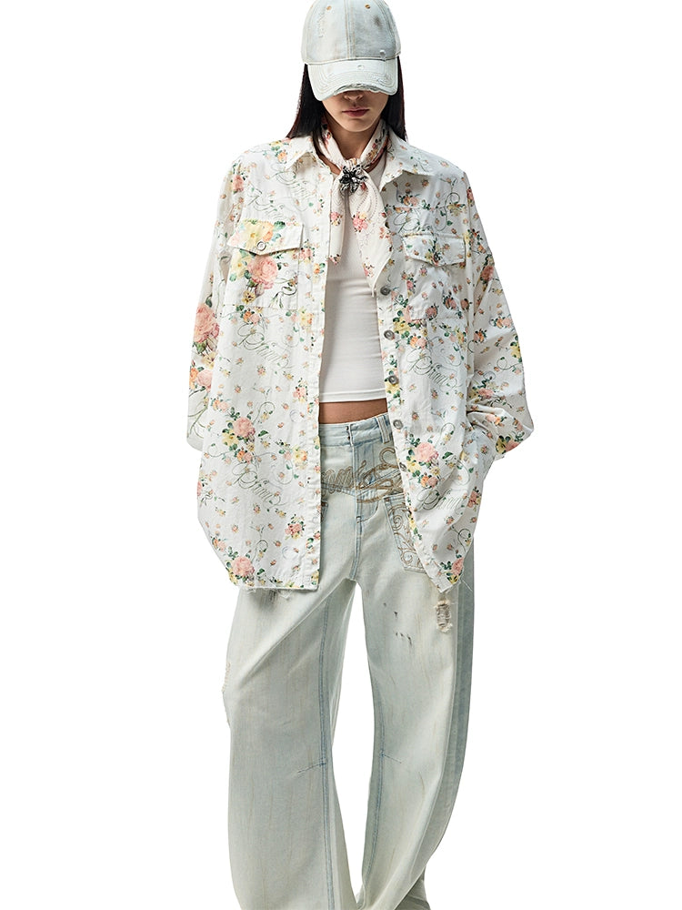 Patchwork Floral Washed Cotton-Linen Shirt - CHINASQUAD