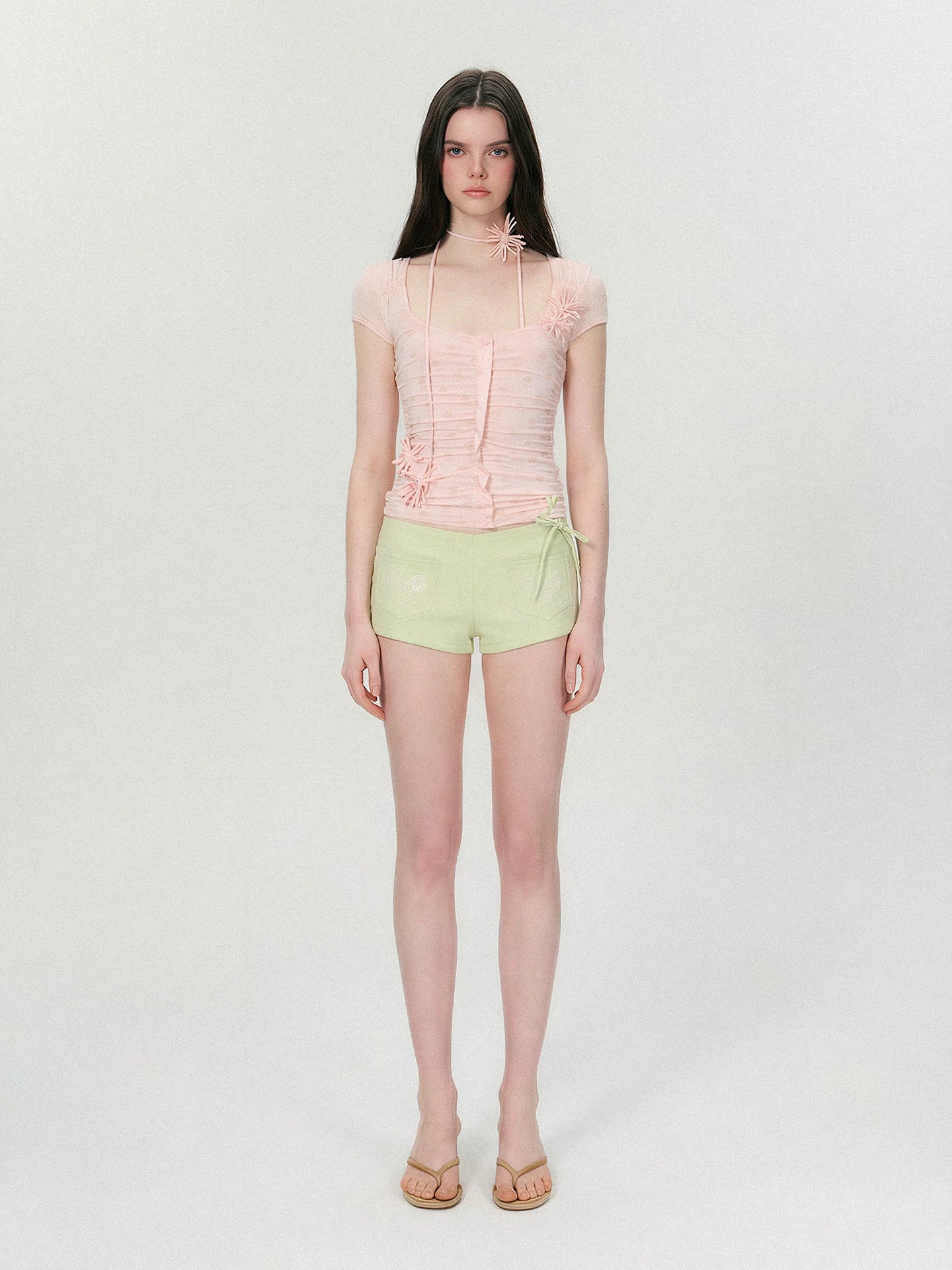 Vintage Handmade Floral Appliqué Ruched Slim-Fit T-Shirt