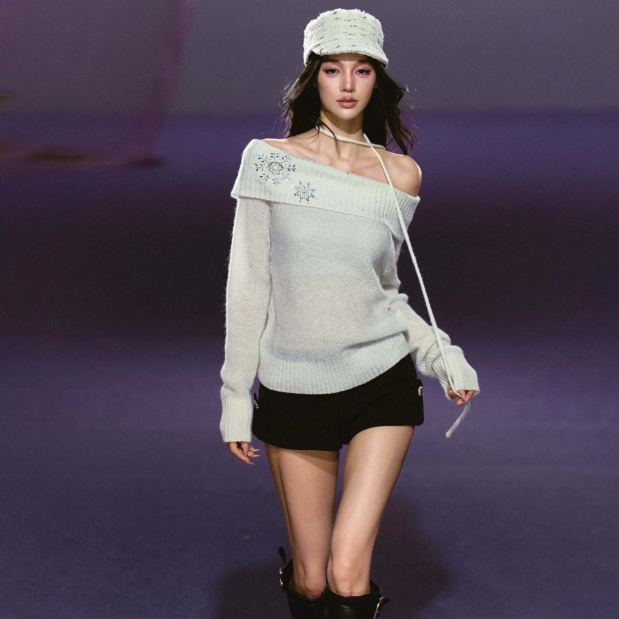 Snowflake Rhinestone Off-Shoulder Knit Sweater