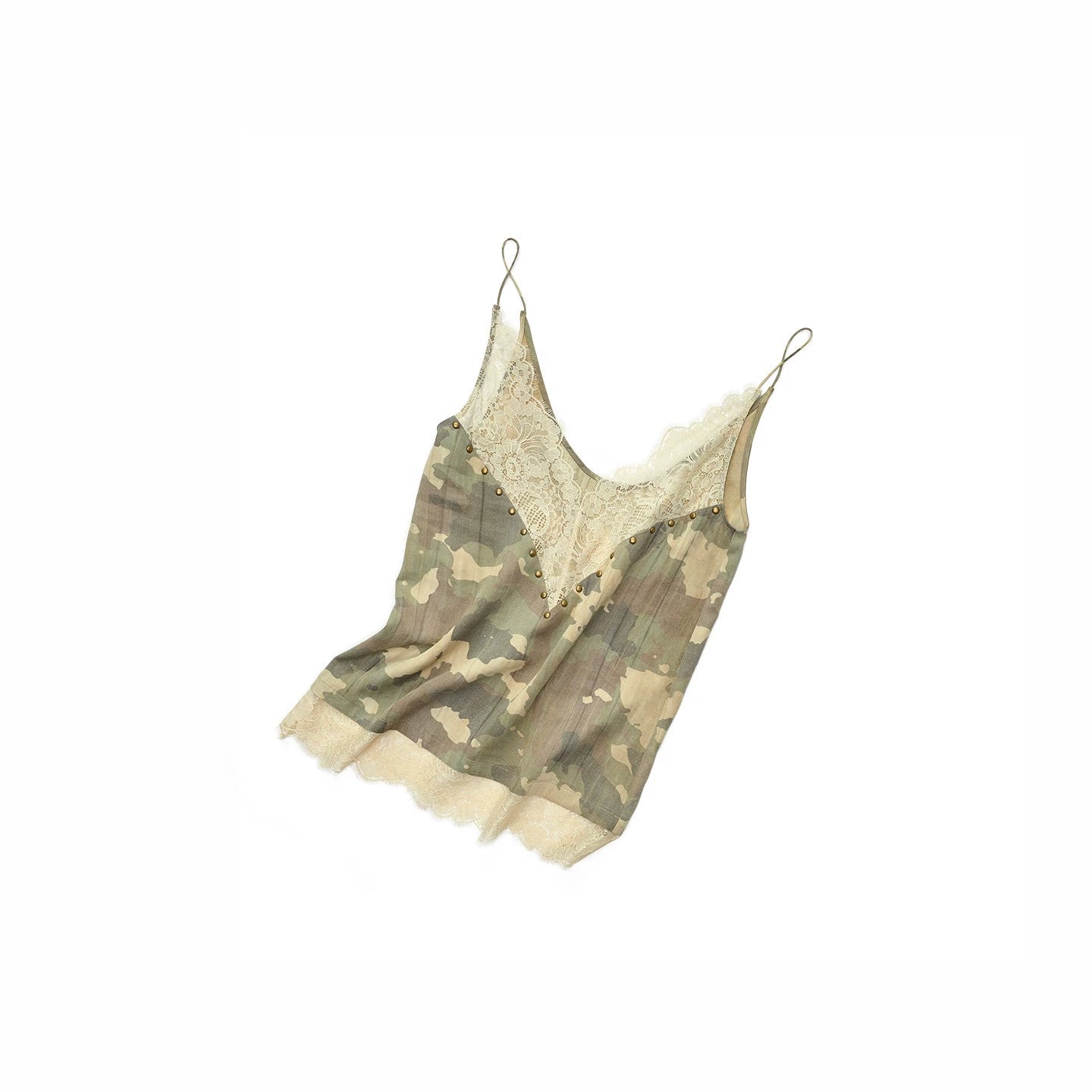 Camouflage V-Neck Lace-Trim Rhinestone Camisole - CHINASQUAD