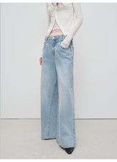 Light Blue Structured Wide-Leg Denim Pants - CHINASQUAD