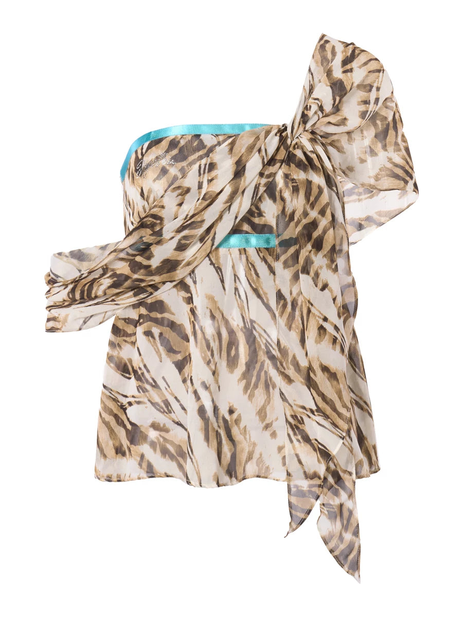 Tiger Print Chiffon Draped Strapless Open-Back Ribbon Top