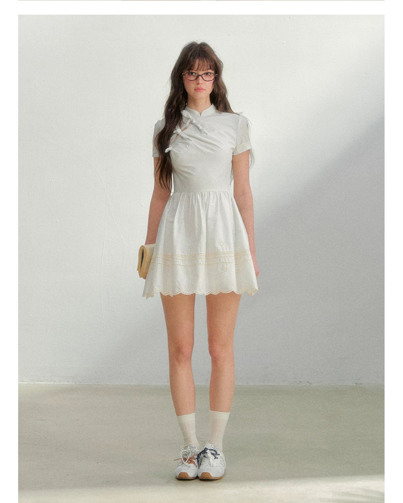 Polka Dot Embroidered Bow Cheongsam Dress