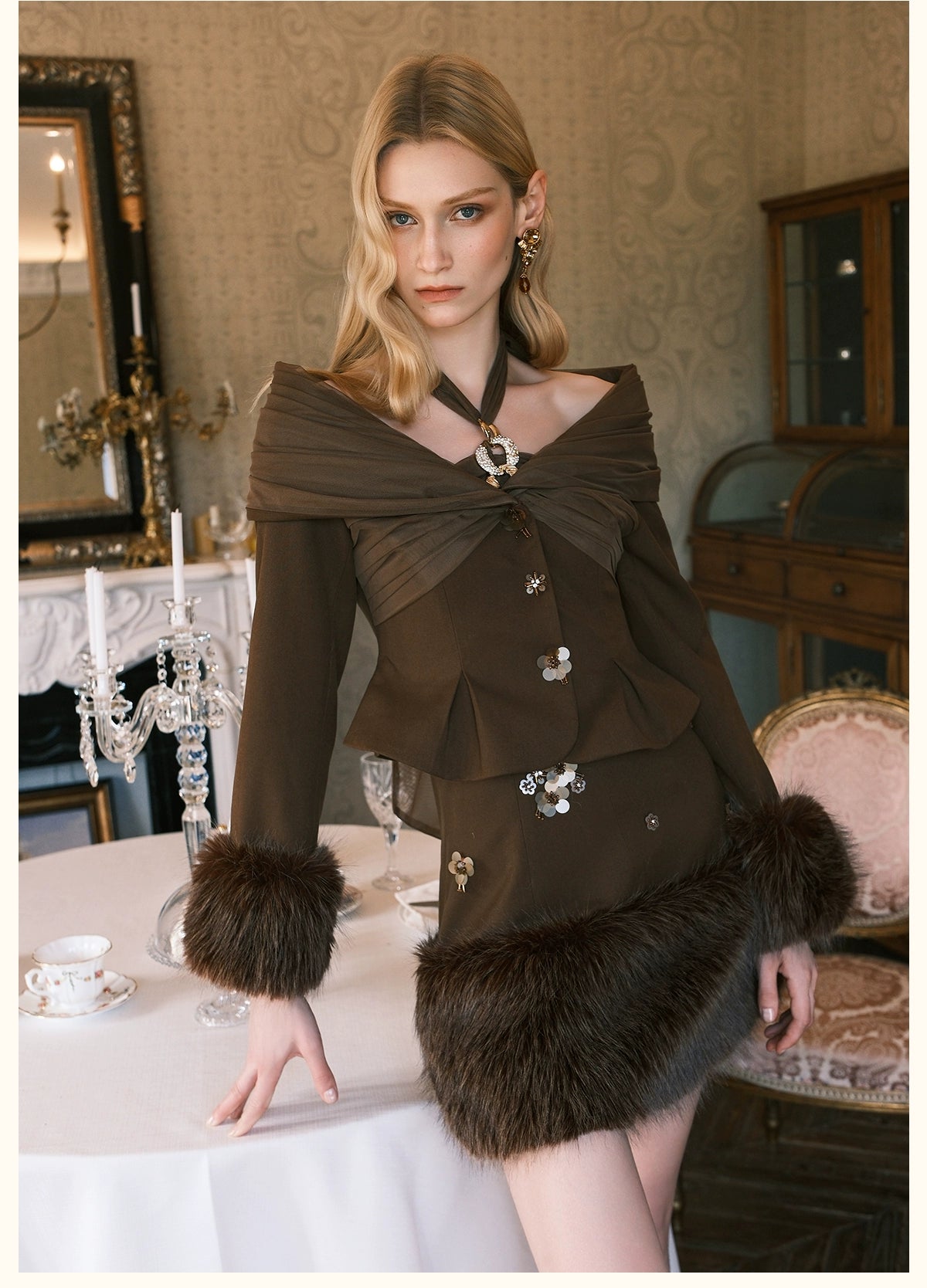 Vixen Faux Fur Halter Floral Dress Set - CHINASQUAD