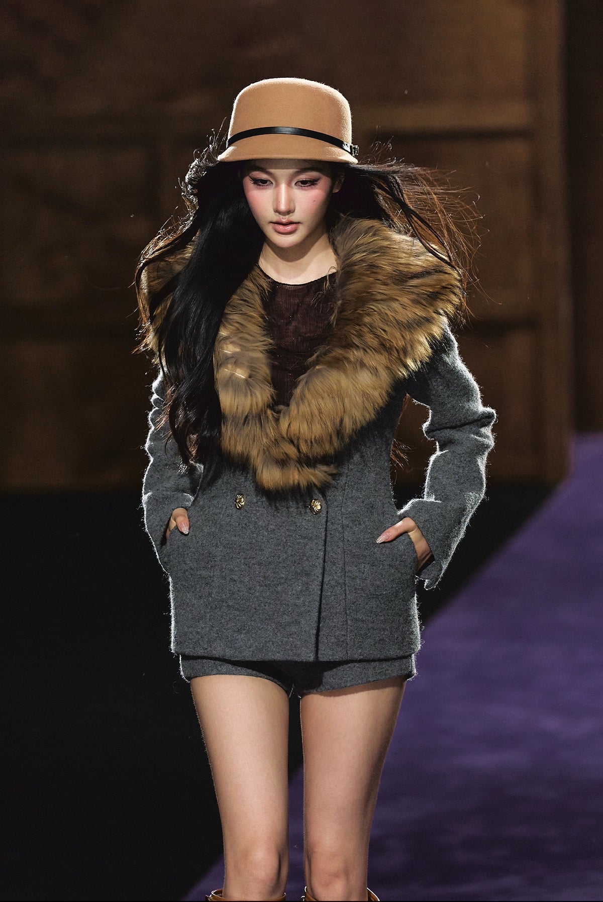 Detachable Fur Collar Wool Tailored Blazer & Shorts Set