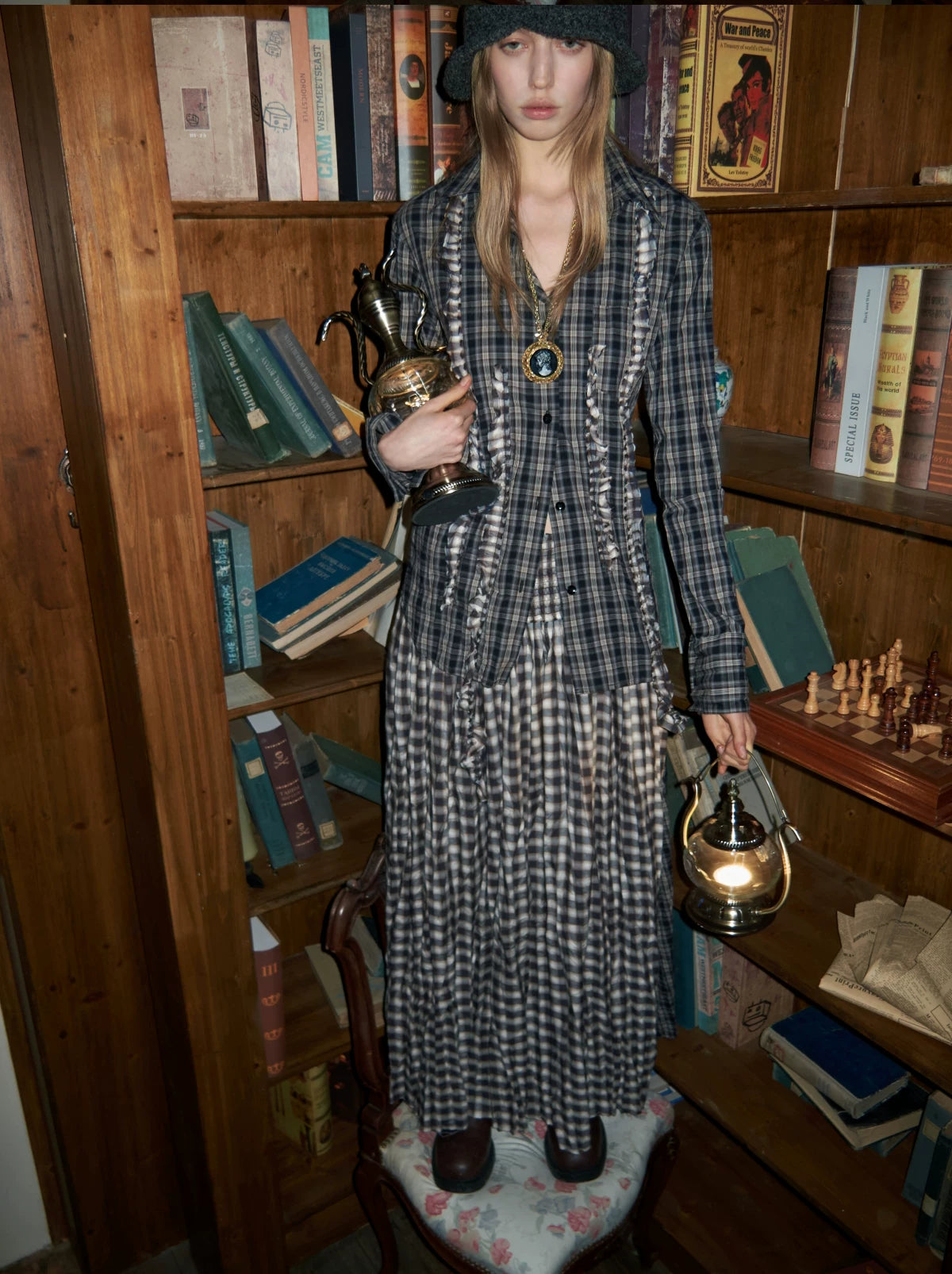 Contrast Plaid Ruffle Shirt & Long Skirt Set