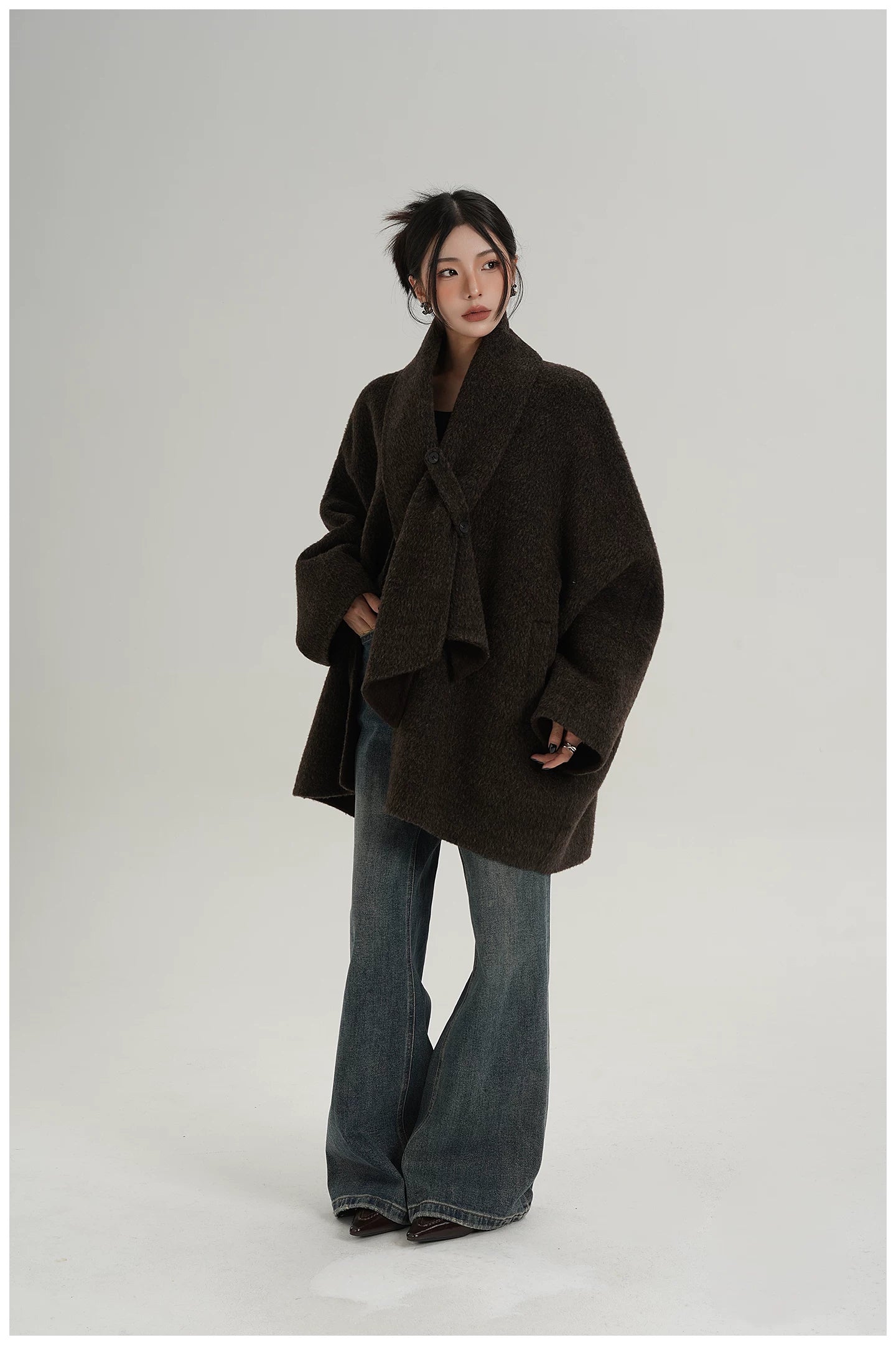 Scarf-Detail Mid-Length Wool Jacket