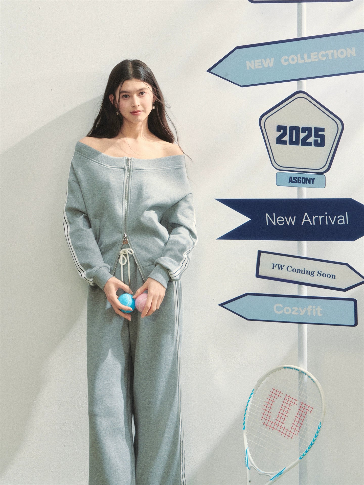 Off-Shoulder Zip-up Sweatshirt & Pants Set - CHINASQUAD